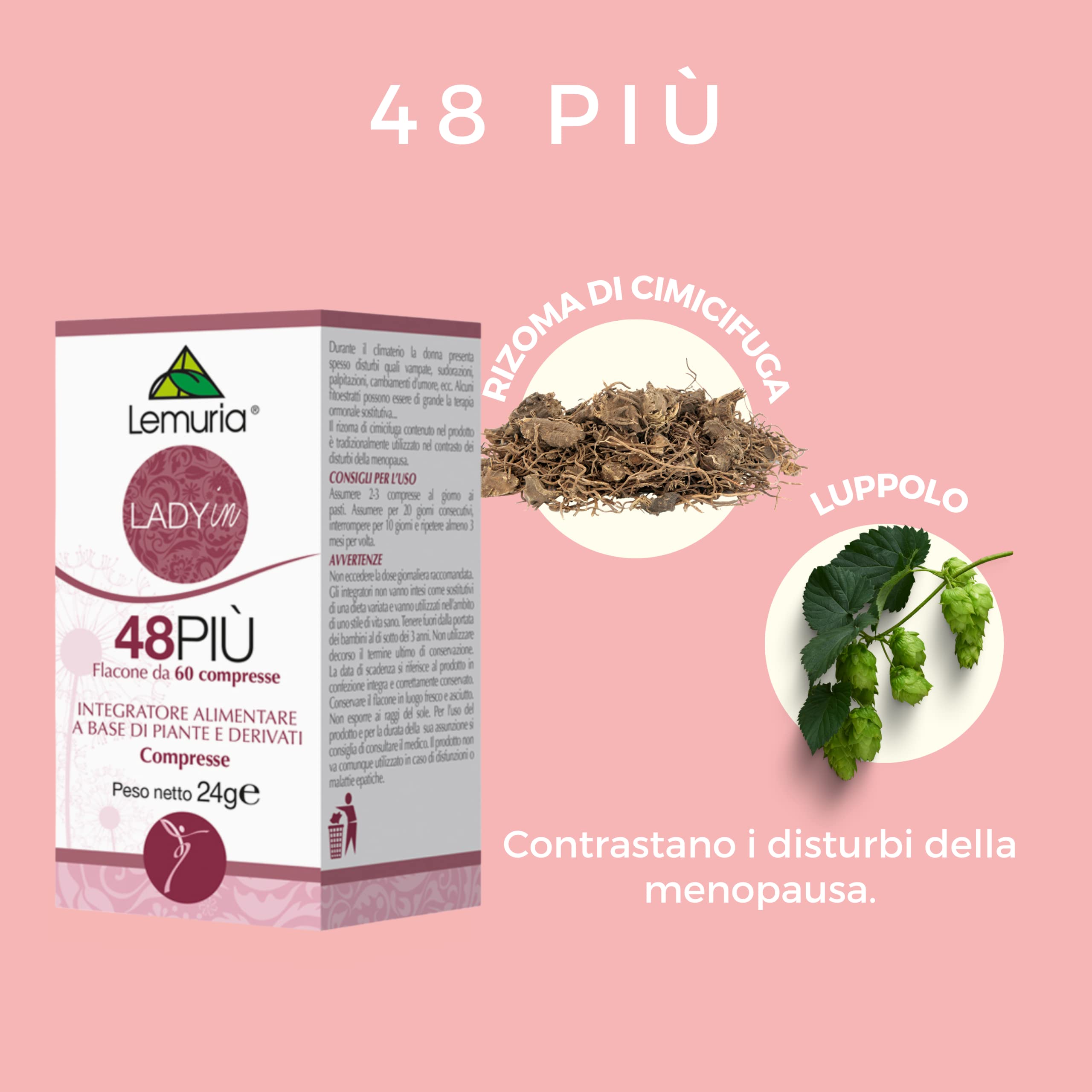 Lemuria - 48 PIÙ - Per Contrastare i Disturbi della Menopausa, con Rizoma di Cimicifuga - 60 Compresse
