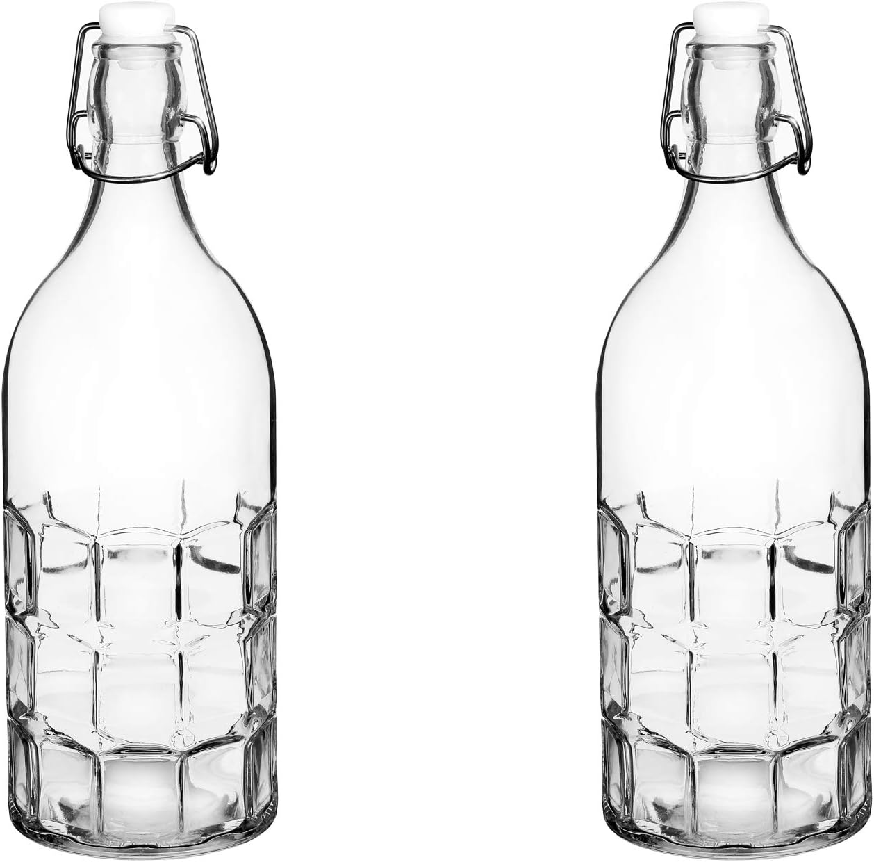 Set Of 2, Colorful Reusable Glass Water Bottles With Swing Top Leakproof Cap, 1L / 34oz, Flowersea Glasss Water Bottle for Oil, Vinegar, Beverages, Beer, Water, Kombucha, Kefir, Soda (Clear, Grid)