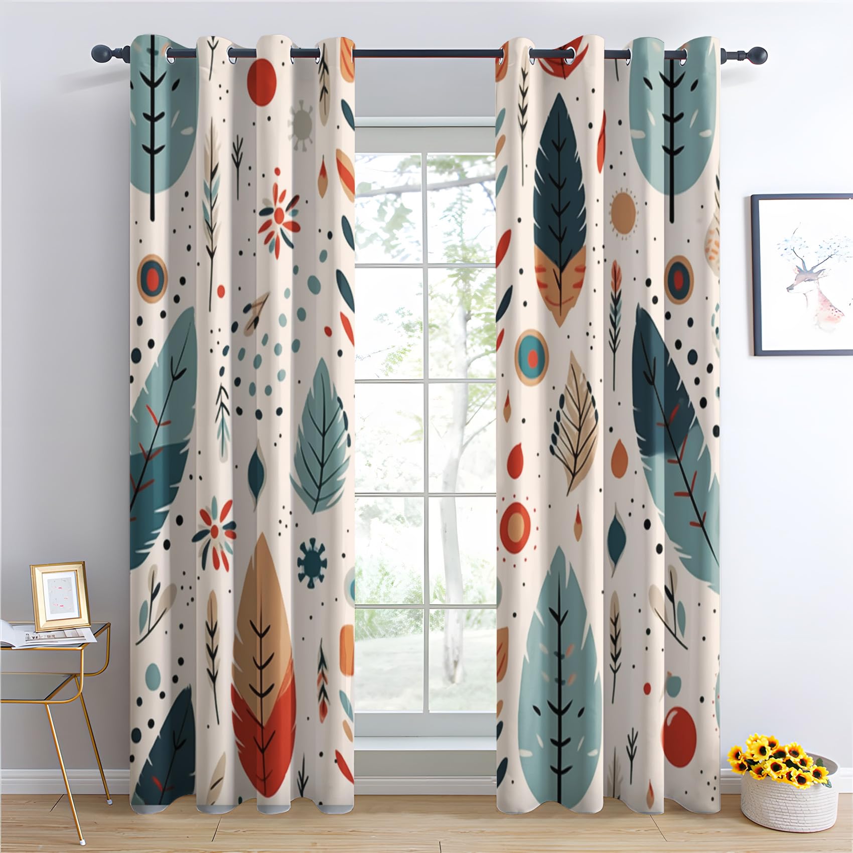 Rideau Occultant Plume De Bohème, Bohémien Motif Rideaux Thermiques à Oeillets, Rideaux Imprimé pour Salon Chambre Fenetre Moderne Décoration, 140x160 cm (L x H), Lot de 2