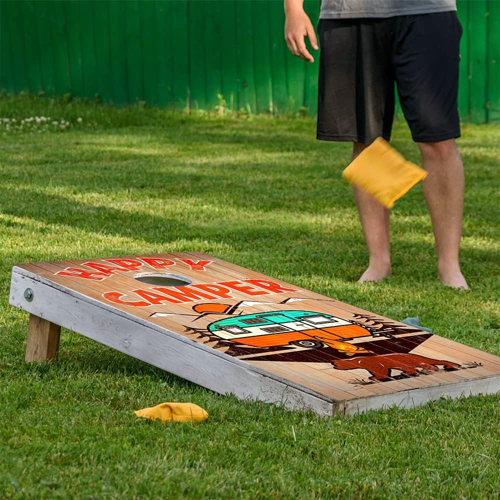 Cornhole Board Wraps and Decals for Boards Set of 2 Skins Professional Vinyl Covers Sticker Happy Camper Wooden Plank Style Cornhole Wraps Stickers Cornhole Skins Cornhole Wraps for Boards