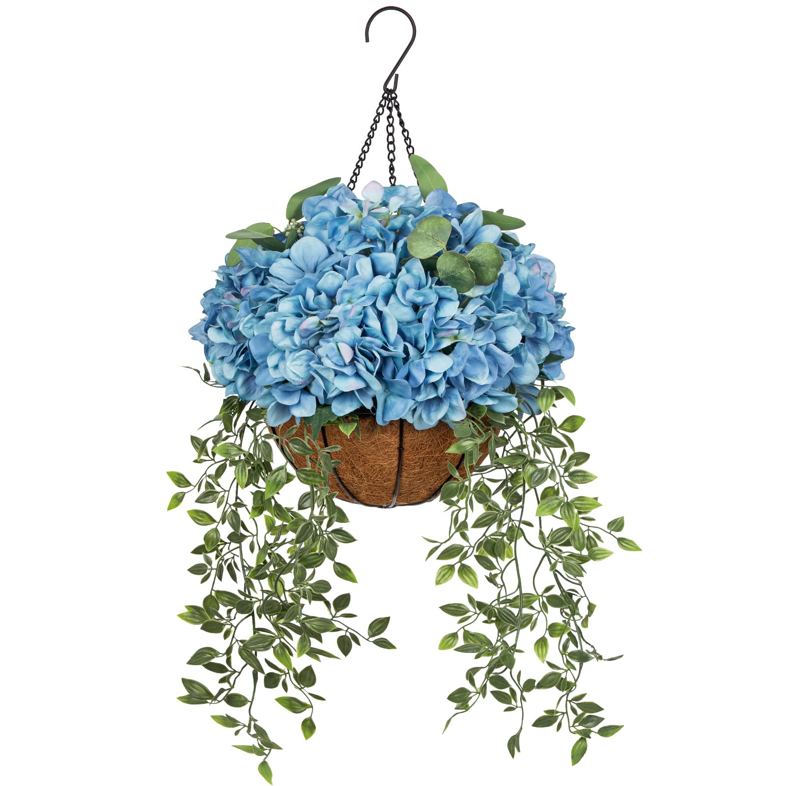 Oairse Artificial Hanging Flowers with Basket, Blue Faux Silk Flower Arrangement with Hydrangea Flower & Trailing Greenery, Outdoor Hanging Flowers Spring Decor for Porch Garden Patio Balcony