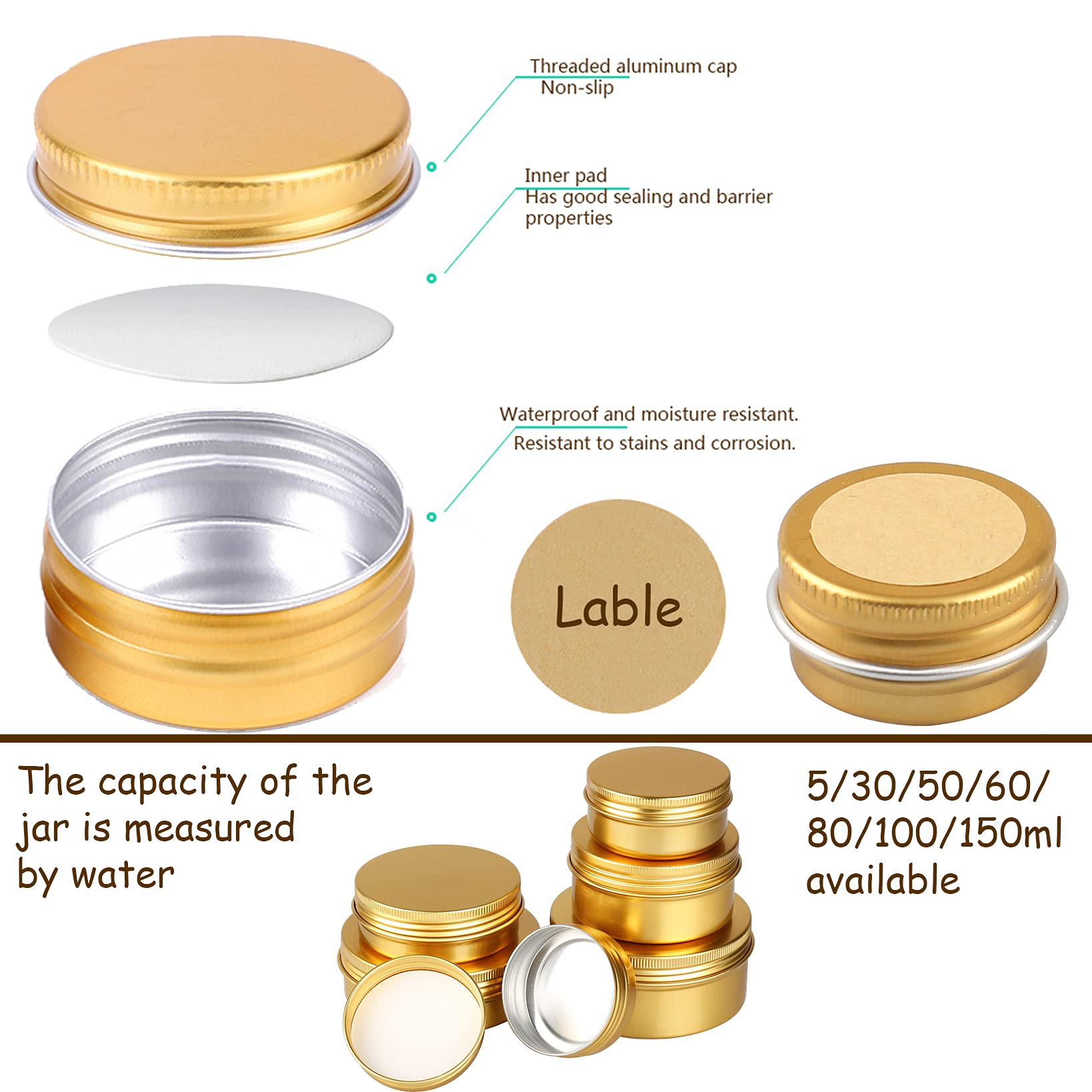 50 Stück 100ml Gold Leere Rund Aluminiumdose mit Schraubdeckel Alu-Dose Aluminium Schraubdose Cremedose Kerzendosen Kosmetikdosen Blechdosen Aludose mit 50 Stück 70mm Aufkleber