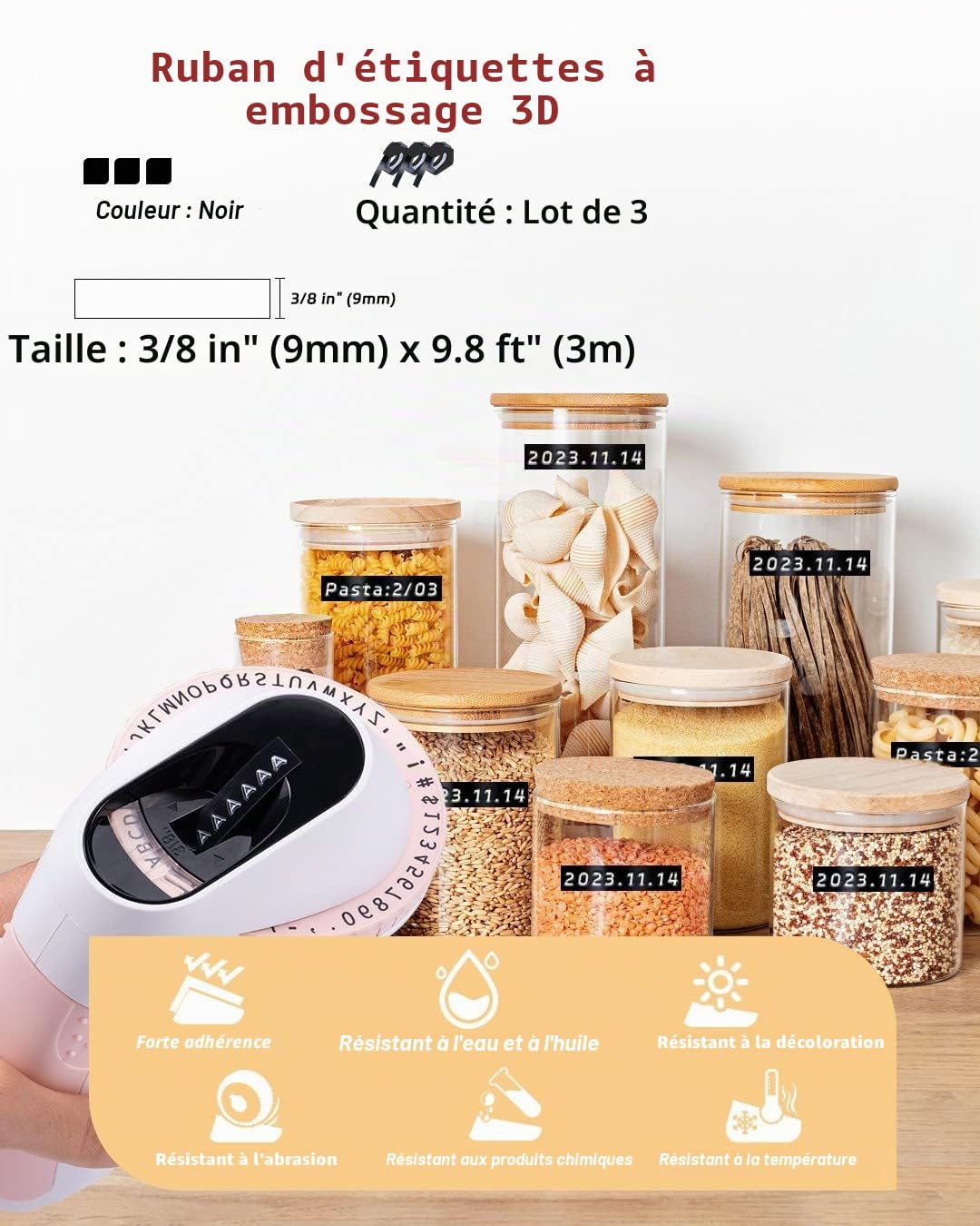 Lot de 3 étiquettes de gaufrage 3D - Memoking E975 3/8" - En plastique - Autocollantes - Compatible avec Dymo Omega, DYMO Junior, DYMO Organizer Xpress - Imprimante d'étiquettes de gaufrage MoTEX