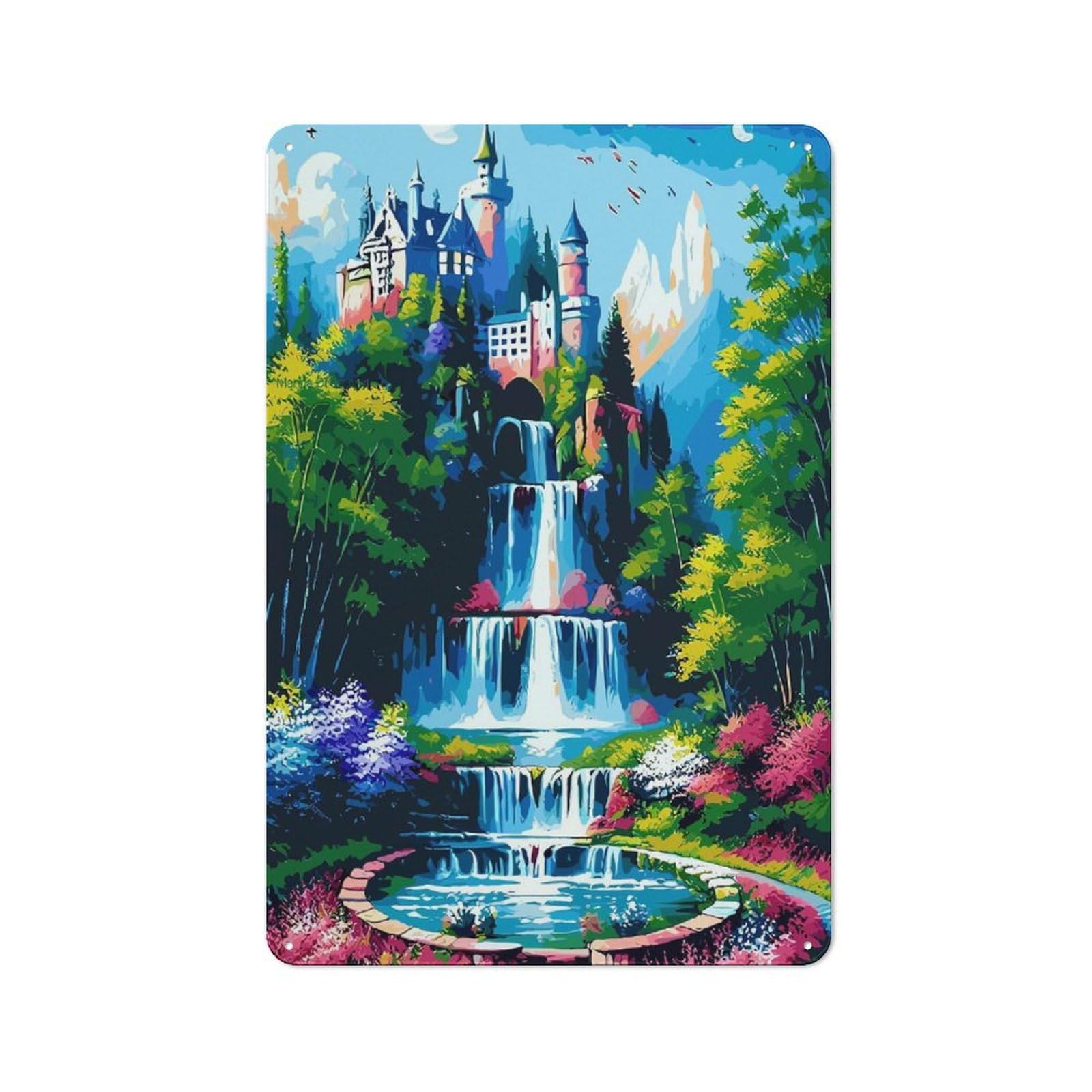 Junmoney Fantasy Castle Waterfall Landscape Painting For Hobby Room Or Studio, Rustic Metal Sign 30X20cm, For Creative Interior Collectors Refreshing A Room In Autumn