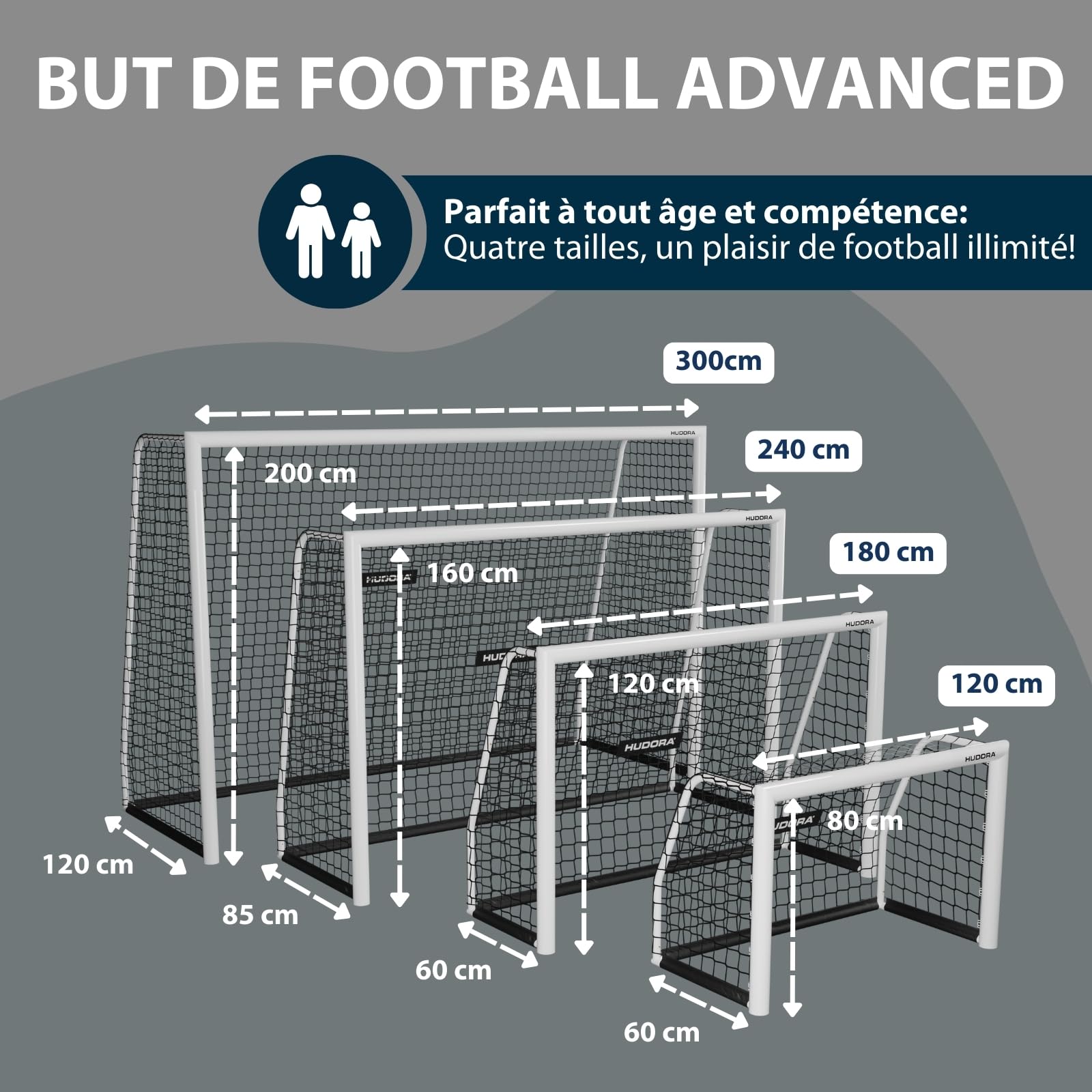 HUDORA But de Football Advanced 120/180/240/300 I pour Enfants/Adolescents & Adultes I But de Football pour Jardin I Résistant aux Intempéries & Stable avec Un Filet à Mailles Serrées