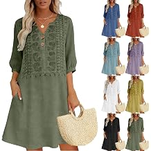 Linen Midi Dresses for Women 2026 Summer Embroidered Cotton Gauze Tshirt Dress with Pockets 3/4 Sleeve Short Sundress