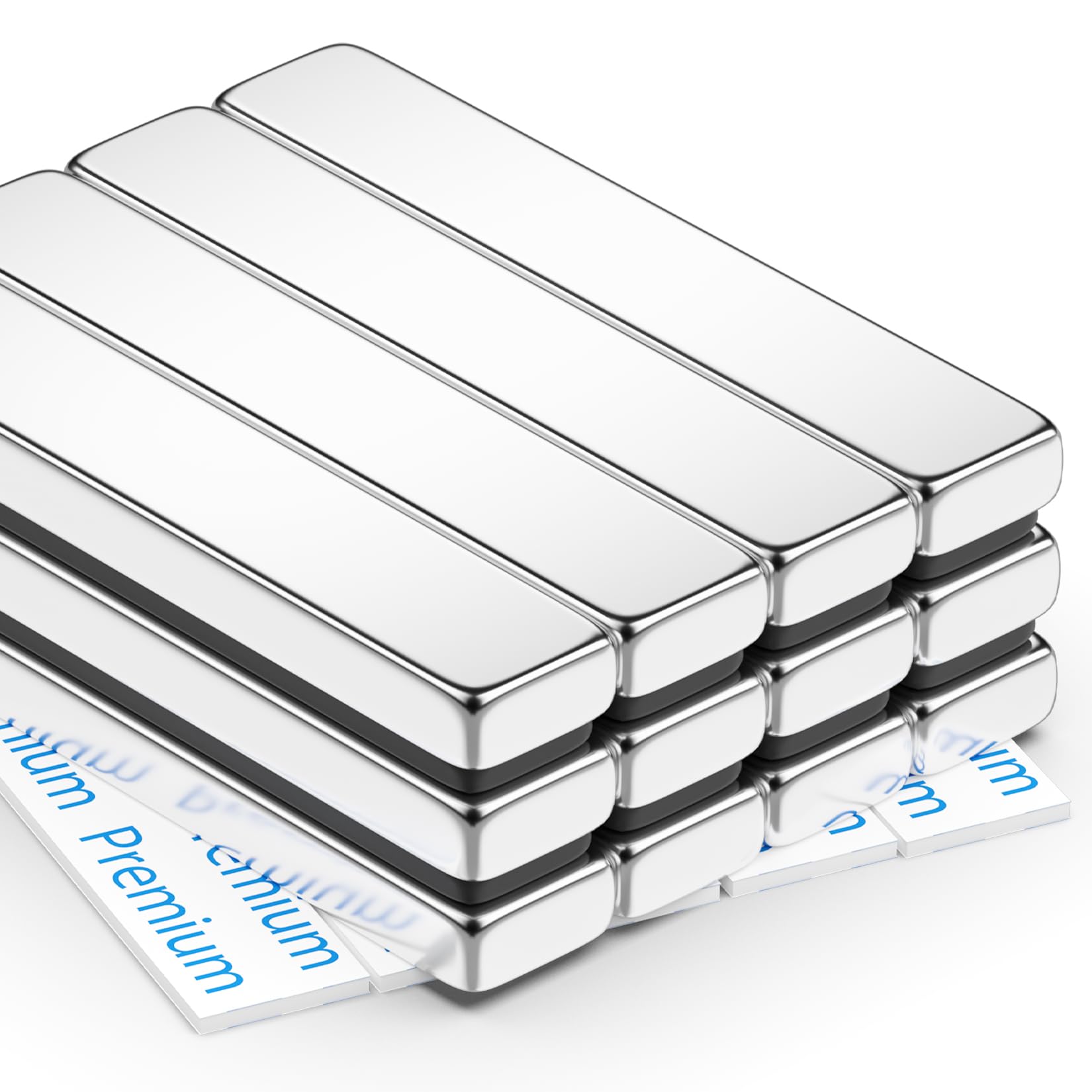 FINDMAG Neodymium Magnets, 12 Pack 60 x 10 x 5 mm Super Strong Magnetic Bar, Magnetic Strips, Whiteboard Magnets with Double-Sided Adhesive, Flat Magnet for Fridge, Tools, Kitchen, Wall, Door, DIY