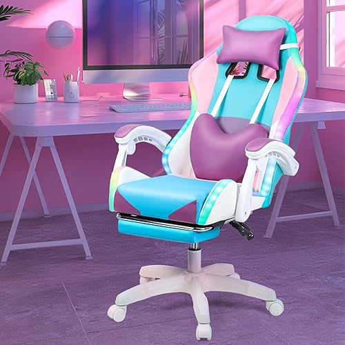 Miniatura 8 de Silla de juegos para adultos, silla de oficina para computadora con reposapiés, luz LED, giratoria de 360 y altura ajustable, silla ergonómica