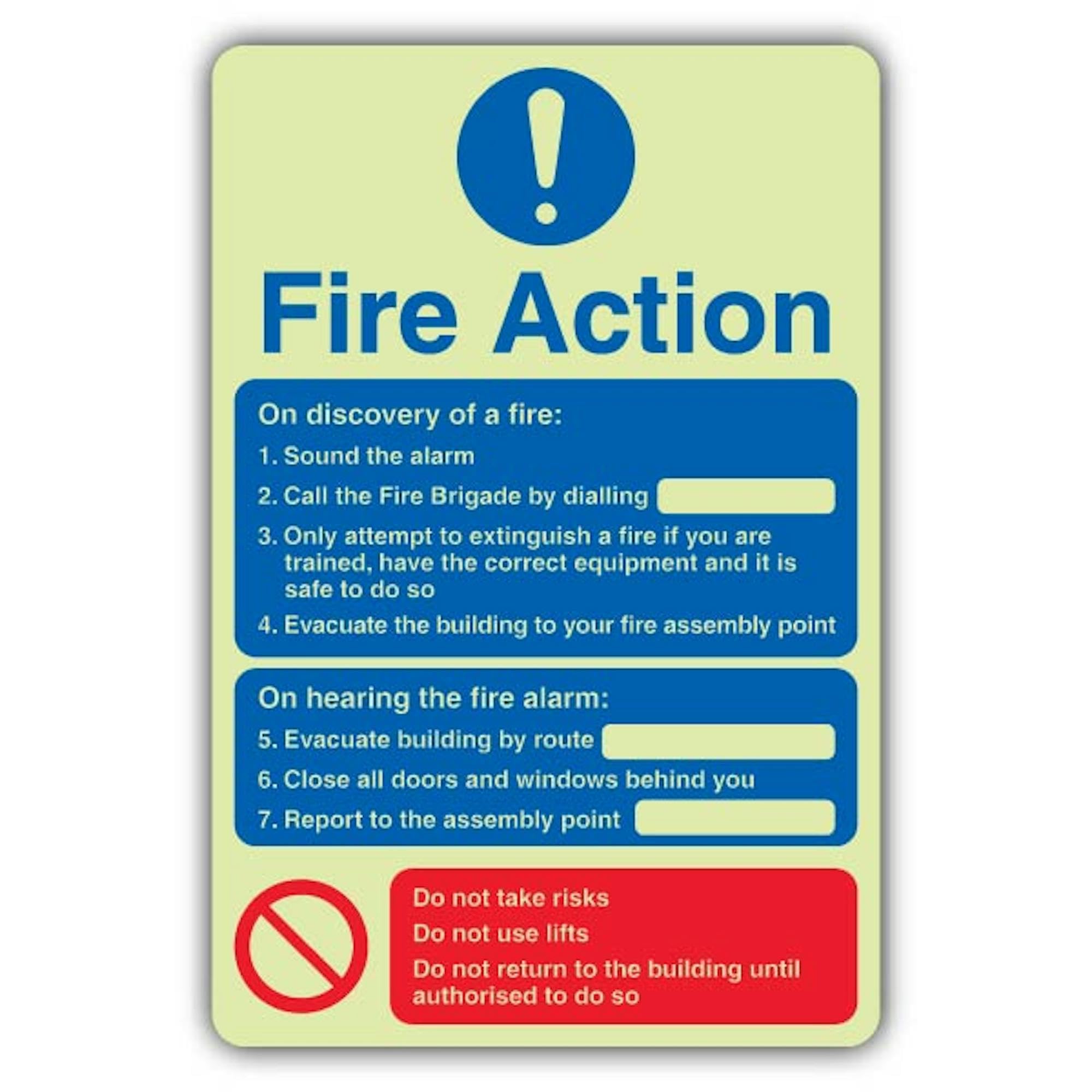 V Safety Glow In The Dark Fire Action Notice On Discovery – Cartello di solo tentativo – 300 x 450 mm – Realizzato in vinile autoadesivo a doppio bagliore – Segnaletica antincendio – Made in Britain