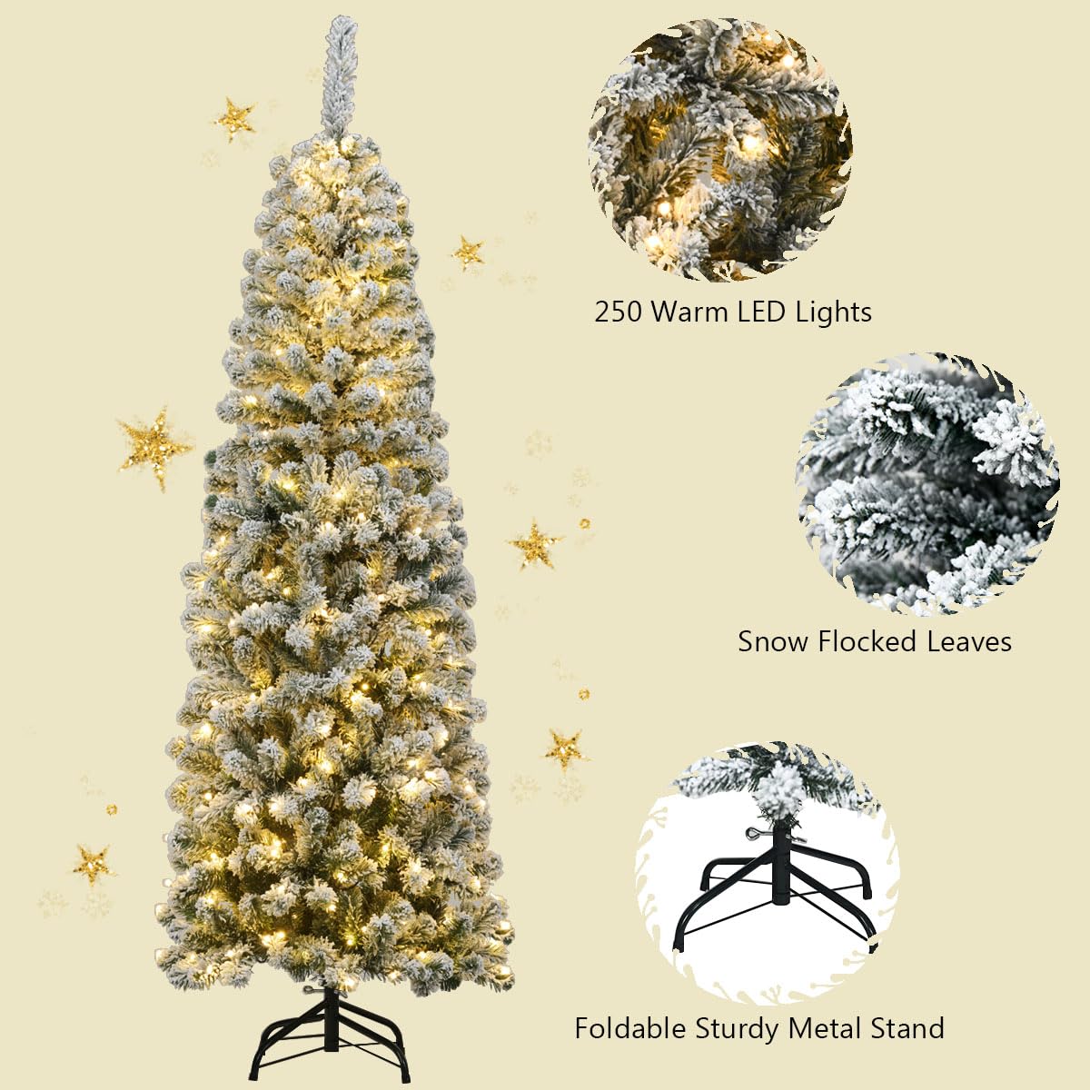 LIFEZEAL Árbol de Navidad Artificial, Abeto Artificial Nevado Iluminado, Árbol de Navidad Nevado Fino con 150/250/350 Luz LED y 242/500/641 Ramas, Base de Metal Plegable (180cm)