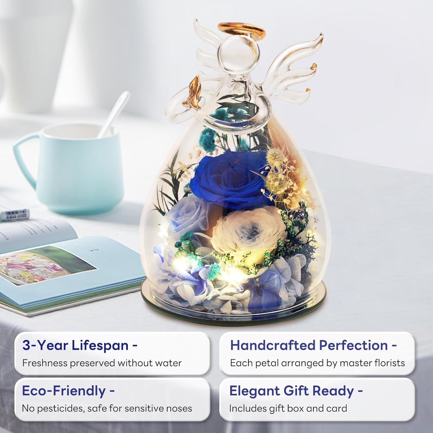 Christmas Preserved Rose Angel Figurine – Glass Angel with LED Lights, Eternal Rose in Glass Dome, Gift for Women, Mother’s Day, Birthdays, Anniversaries - Image 6