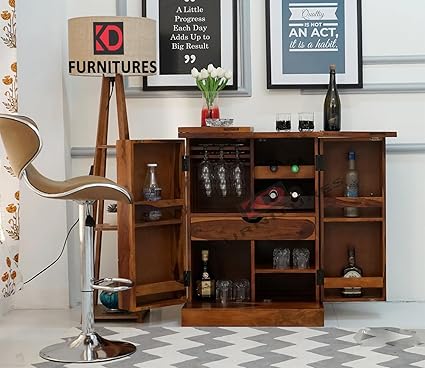 PIYUSH HANDICRAFT Bar Home Furniture Wood Bar Cabinet for Home | Wooden Bar Cabinet for Living Room | Bar Units, Wine Rack with Drawer | Corner Bar Cabinet | Bar Cabinet, Honey Finish