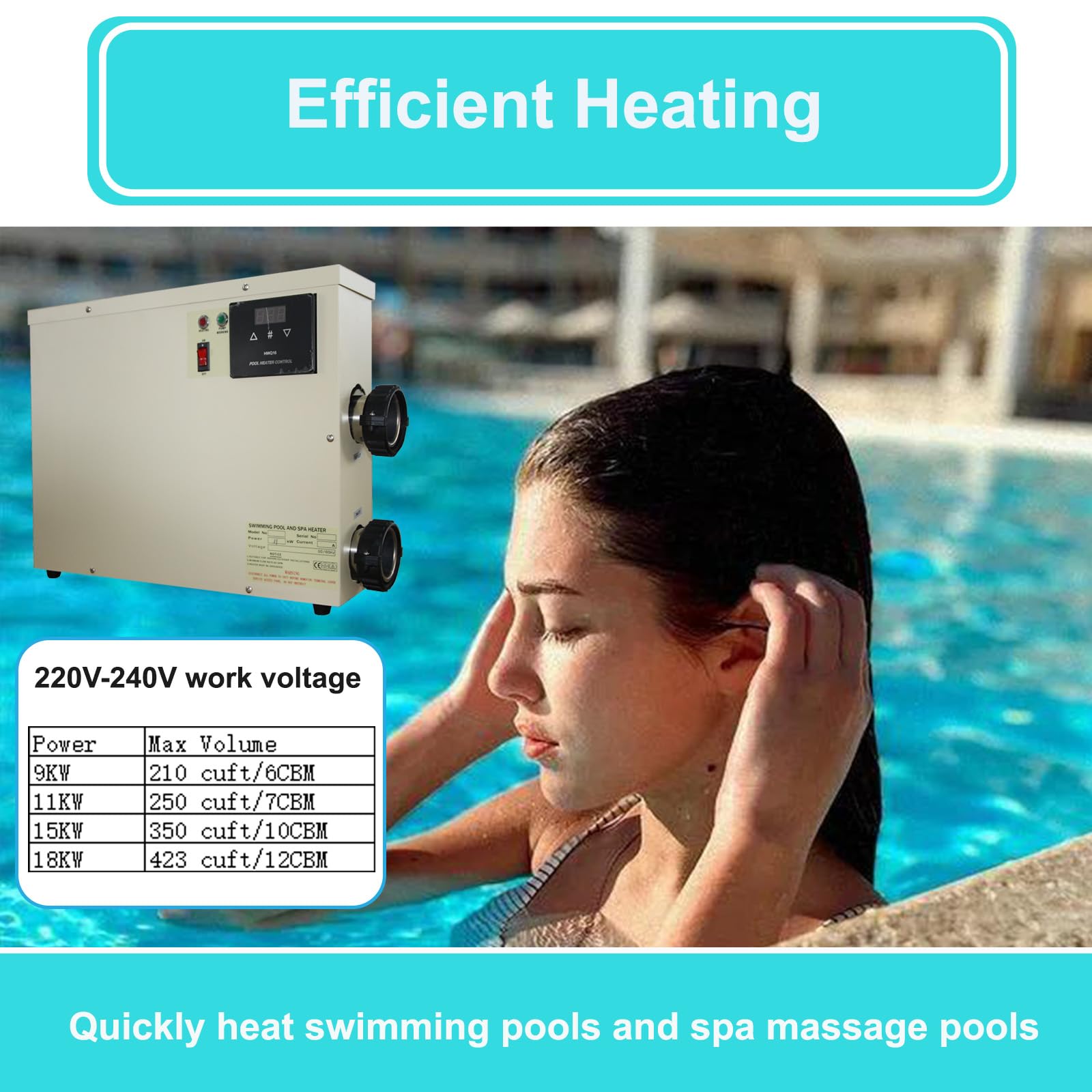 Ogrzewacz basenowy, elektryczny termostat 9 kW, cyfrowy ekran dotykowy 220 V, energooszczędny podgrzewacz wody do basenu do relaksu w spa, wanien i basenów naziemnych (9 kW