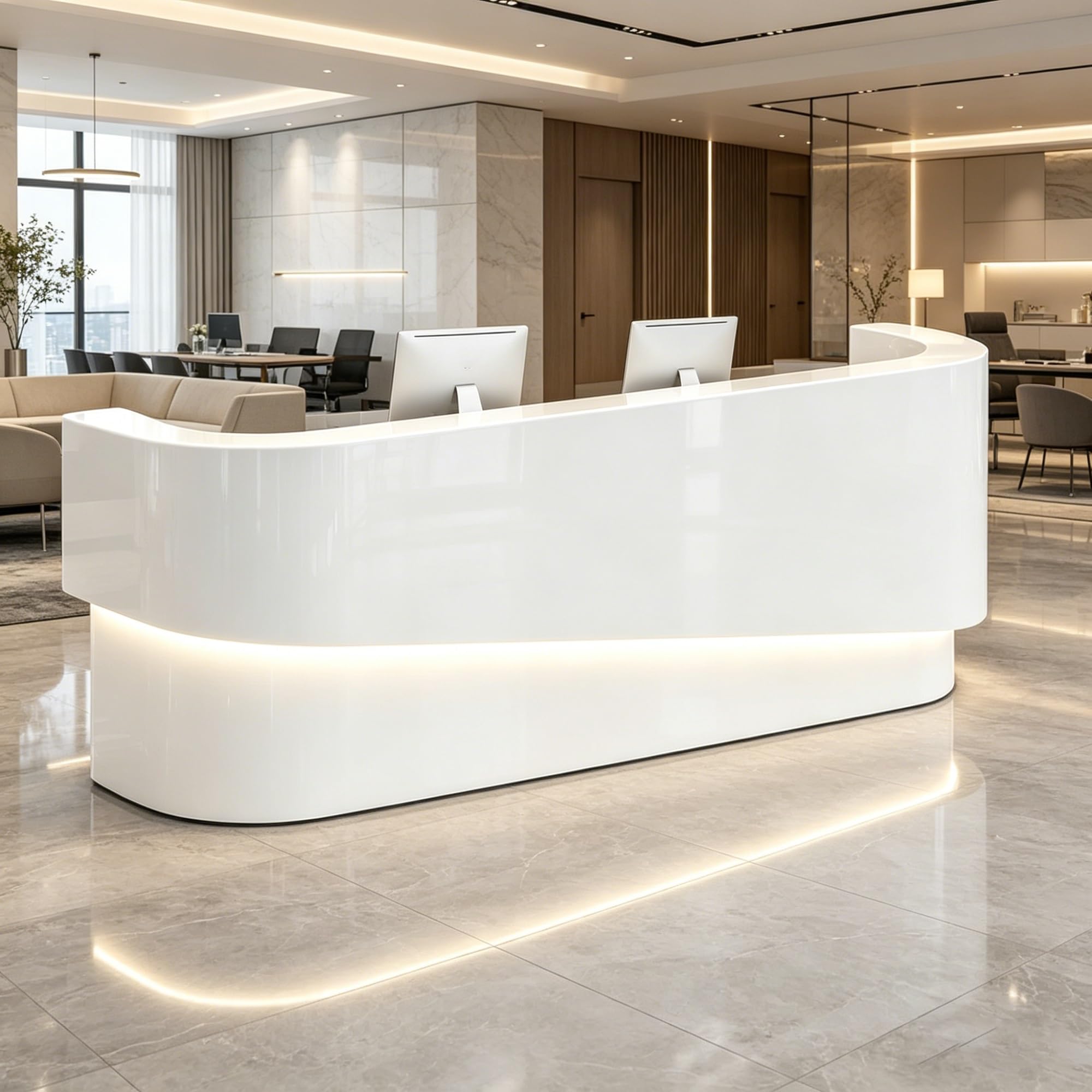 Empfangstheke U Form Groß Modern Rezeptionstheke Gebogen Hochglanz Empfangstresen Bürotresen E1 Holz Mit Kabelmanagement Ohne Montage(280cm/110.24")