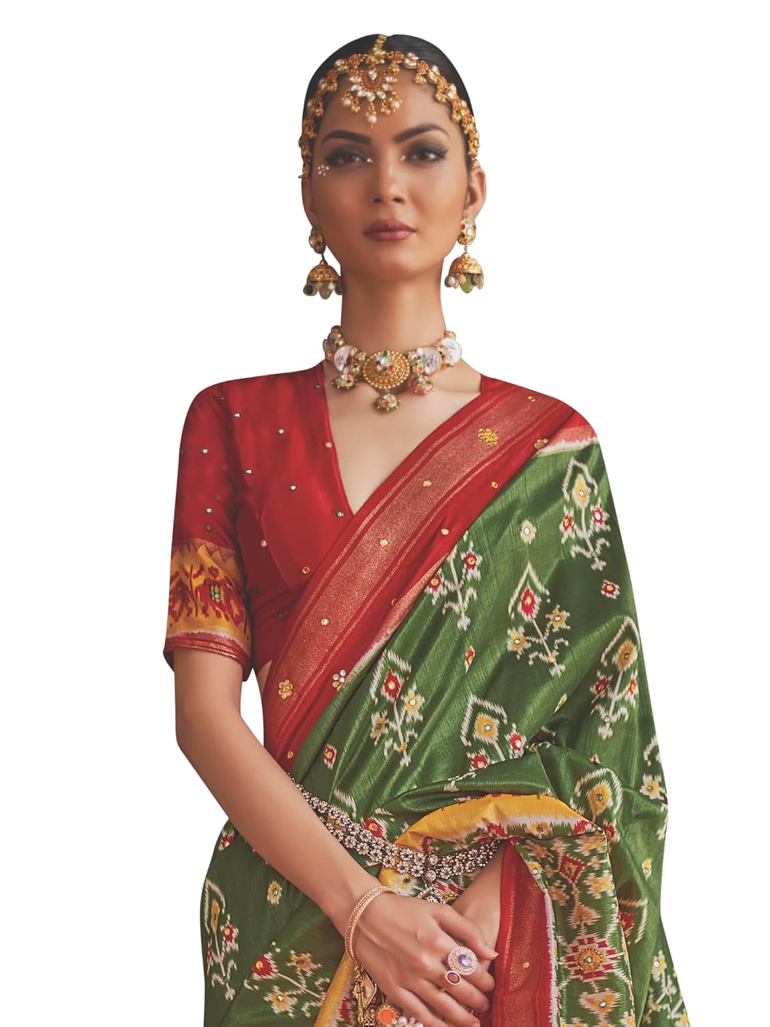 SAREE MALL Women's Ikat Printed Mirror Work Cotton Silk Saree With Unstiched Blouse Piece (SAAZ458_RW_Parent) - Review, Price and Buying Guide
