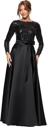 Xscape Womens Sequin Bodice Long Sleeve Satin Skirt and Bow A-line Floor Length Dress
