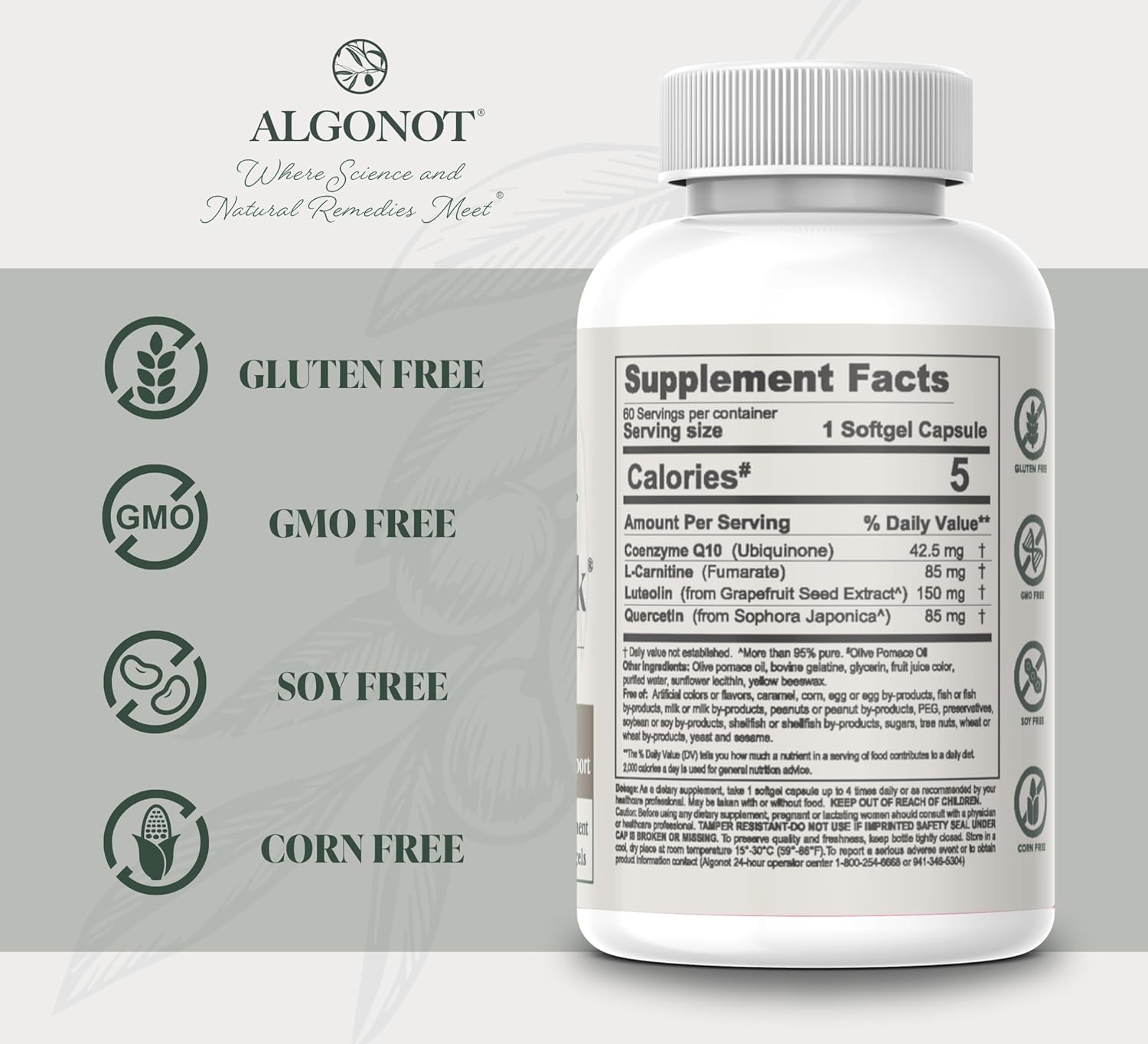 Algonot FibroProtek – Physician Recommended with Exclusive Combination of Ingredients Including Luteolin, Quercetin, Carnitine, Olive Pomace Oil – 60 Capsules
