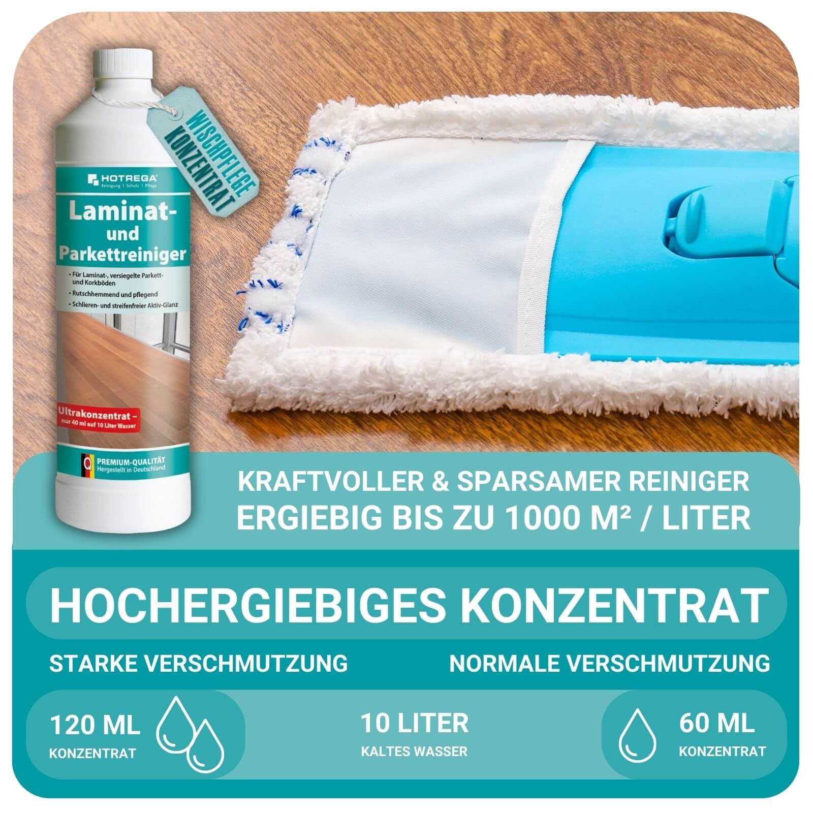 HOTREGA Laminat- & Parkettreiniger Konzentrat | 5x 1L Set | Wischpflege | Streifenfreie Reinigung für Korkböden | Rutschhemmend & Seidenmatt-Effekt | Schutz vor Feuchtigkeit & Abnutzung