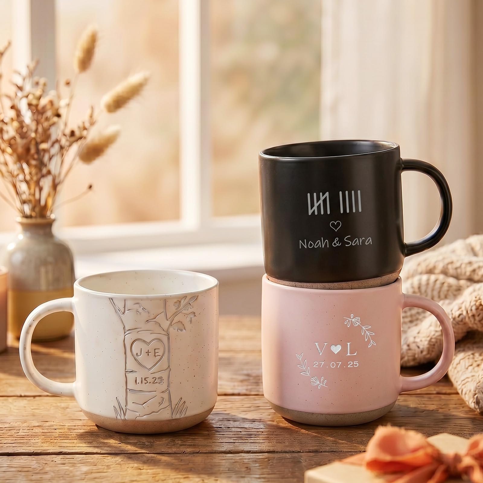 Initiales sculptées dans un arbre en cœur sur une tasse en céramique d'exception