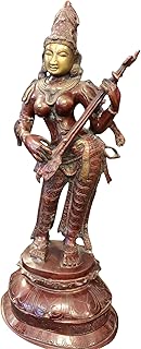 Mogul Interior Gorgeous Standing Hindu Goddess Ma Saraswati Unique Brass Statue Playing Veena Religious Gift