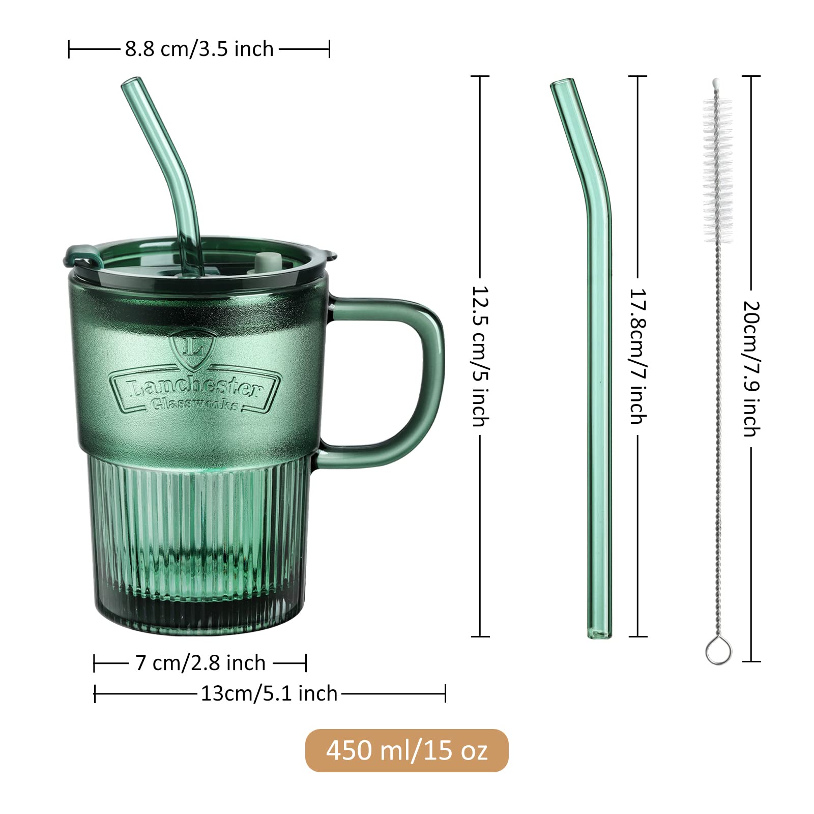 Joeyan Szklane kubki 450 ml z pokrywkami i słomkami, kubek do kawy mrożonej ze słomką i pokrywką, zestaw 2 zielonych szklanek na wodę ze słomką, do domu, biura, przy łóżku