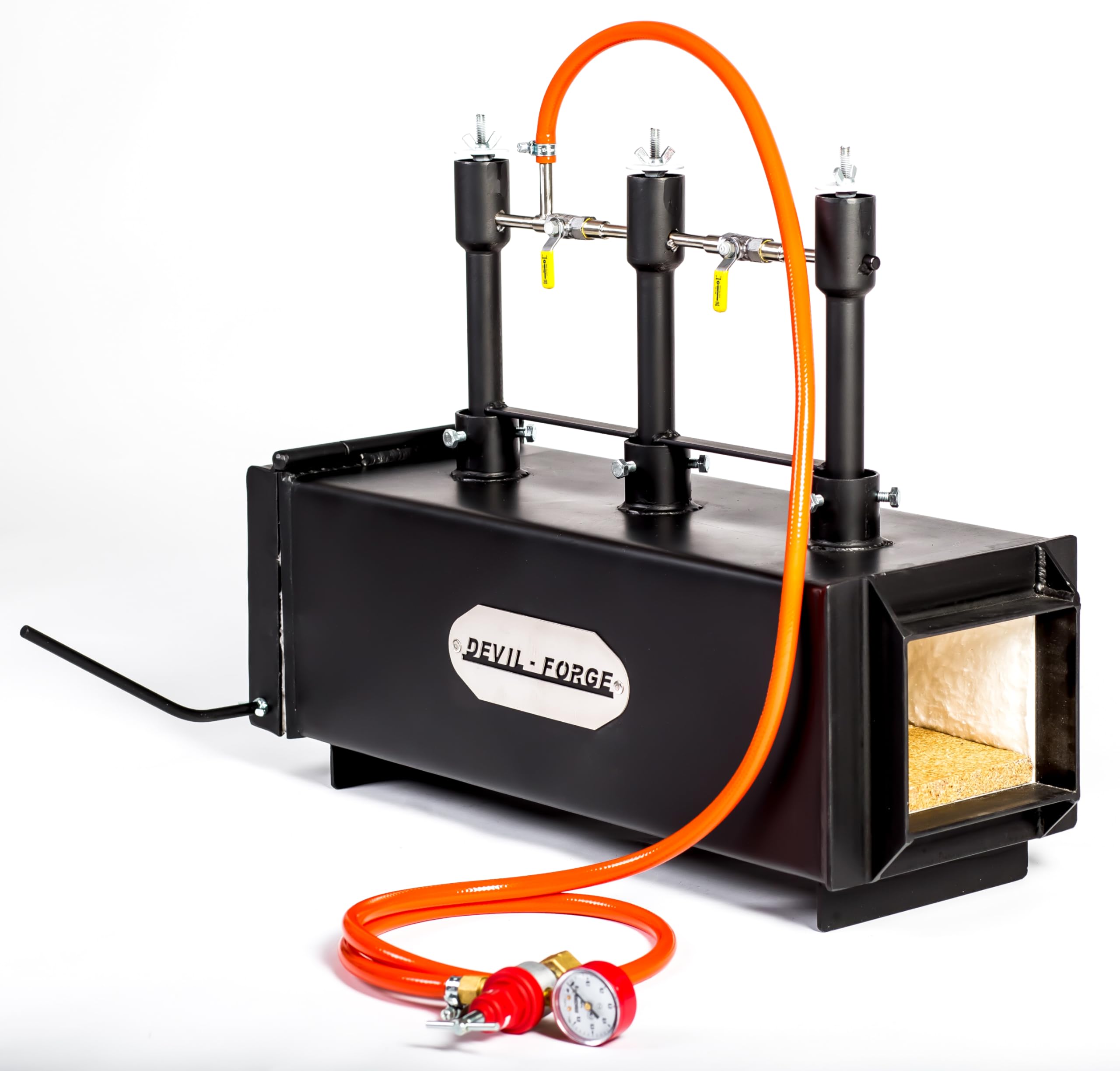 DEVIL-FORGE Forge à Gaz Propane DFPROF3+1D/2” avec 1 Porte 3 Brûleurs DFP (240.000 BTU) utiliser 1, 2 ou 3, Double insulation 2“ pour Couteliers, Maréchaux-Ferrants et Forgerons, Fabrication Couteaux