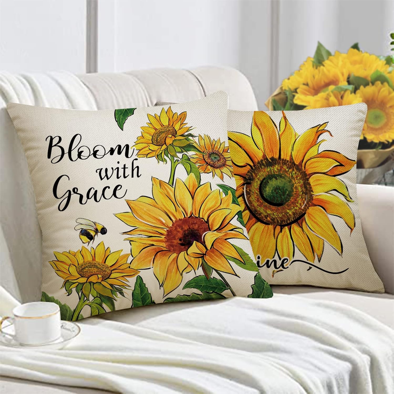 BAOKU Cushion Covers 45x45 cm Pillow Covers Spring Decorative Home Decor for Bed Couch Sofa Bedroom Office Pack of 4 sunflower yellow bee Pattern Linen Pillowcase - Image 2