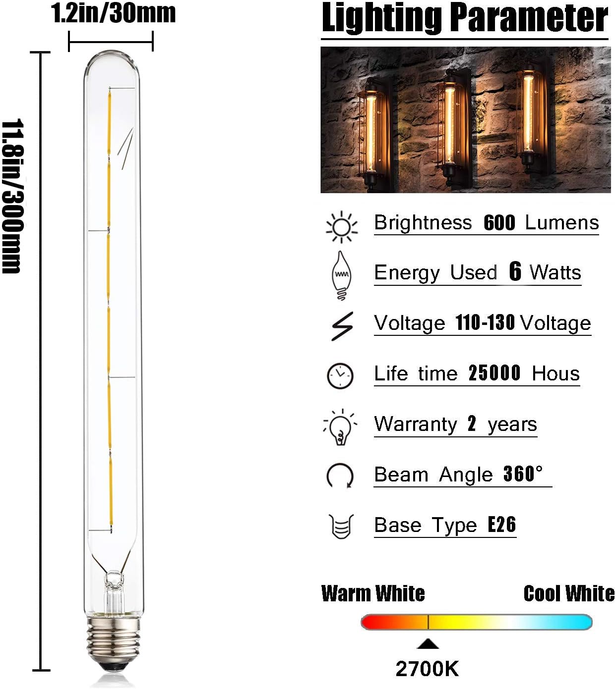 Leools Vintage LED Filament Bulb T300, 6W Dimmable T10 Edison Light Bulb Long Tubular Antique LED Light,E26 Base,Clear Glass,Warm White,2700K, 600LM(60W Equivalent),11.81in(300mm), Pack of 4