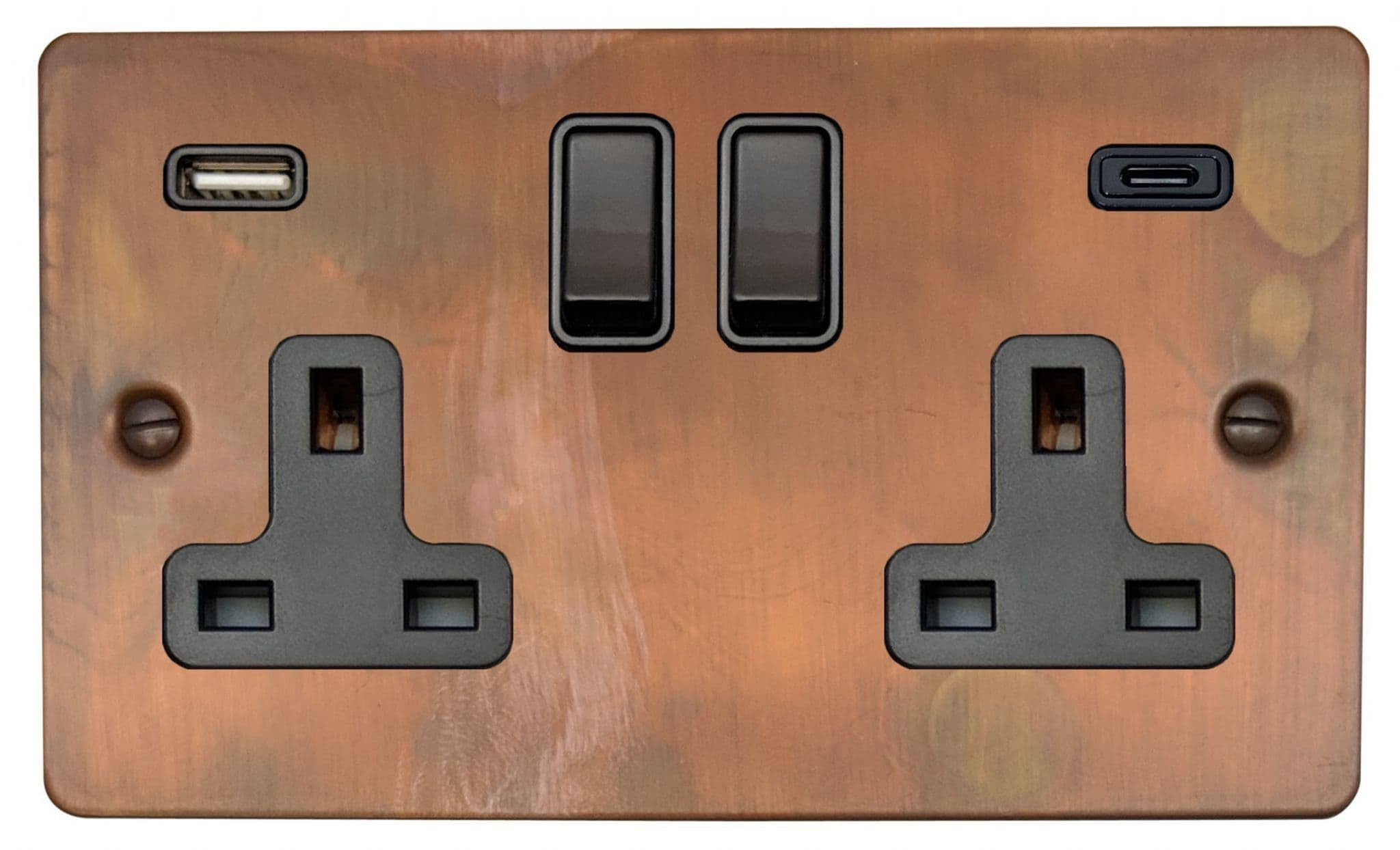 G&H FTC911B Flat Plate Tarnished Copper 2 Gang Double 13A Plug Socket 3.1A USB A + C