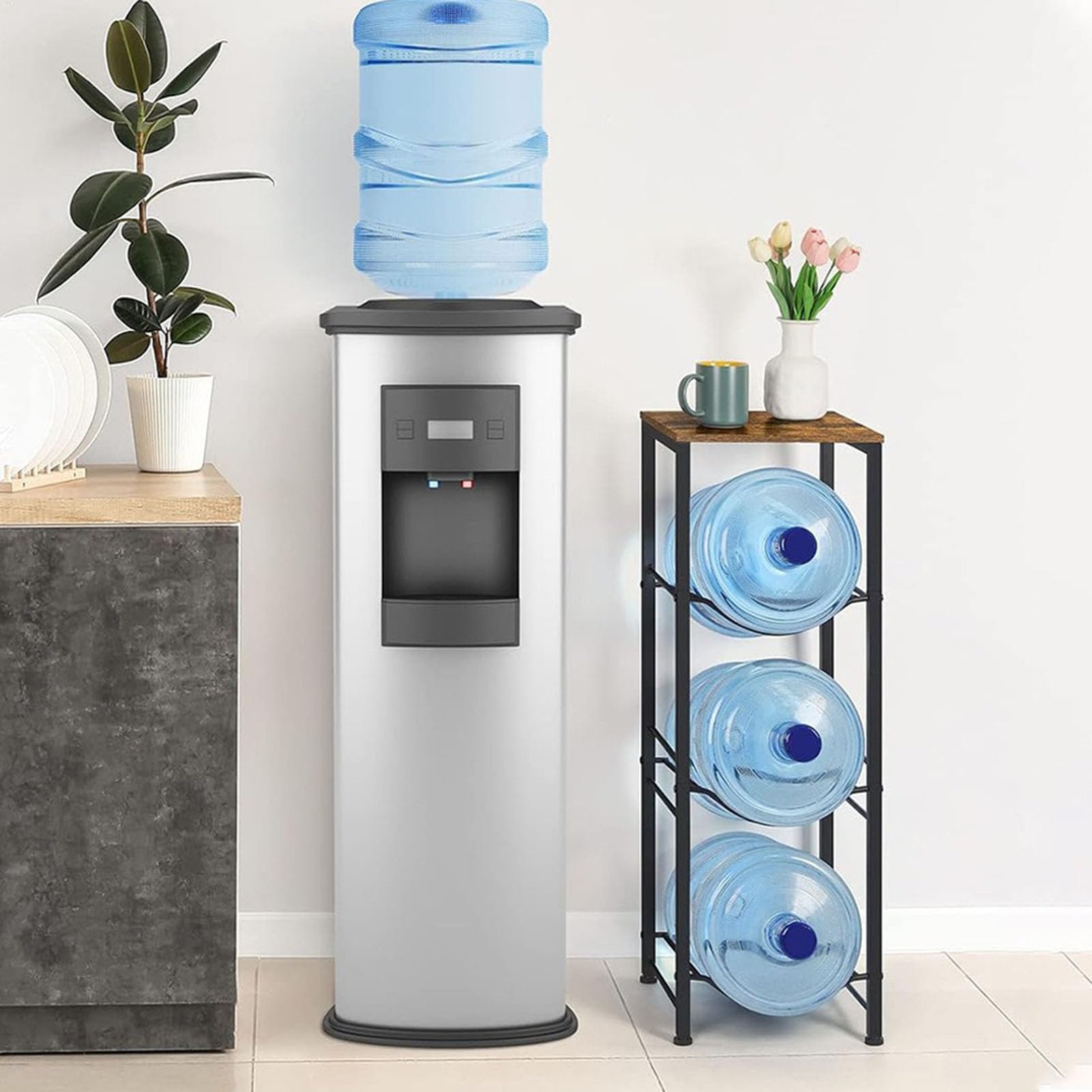 Estante de 3 niveles resistente con estante de almacenamiento, organizador para 4 botellas de agua para cocina, oficina, garaje, gimnasio