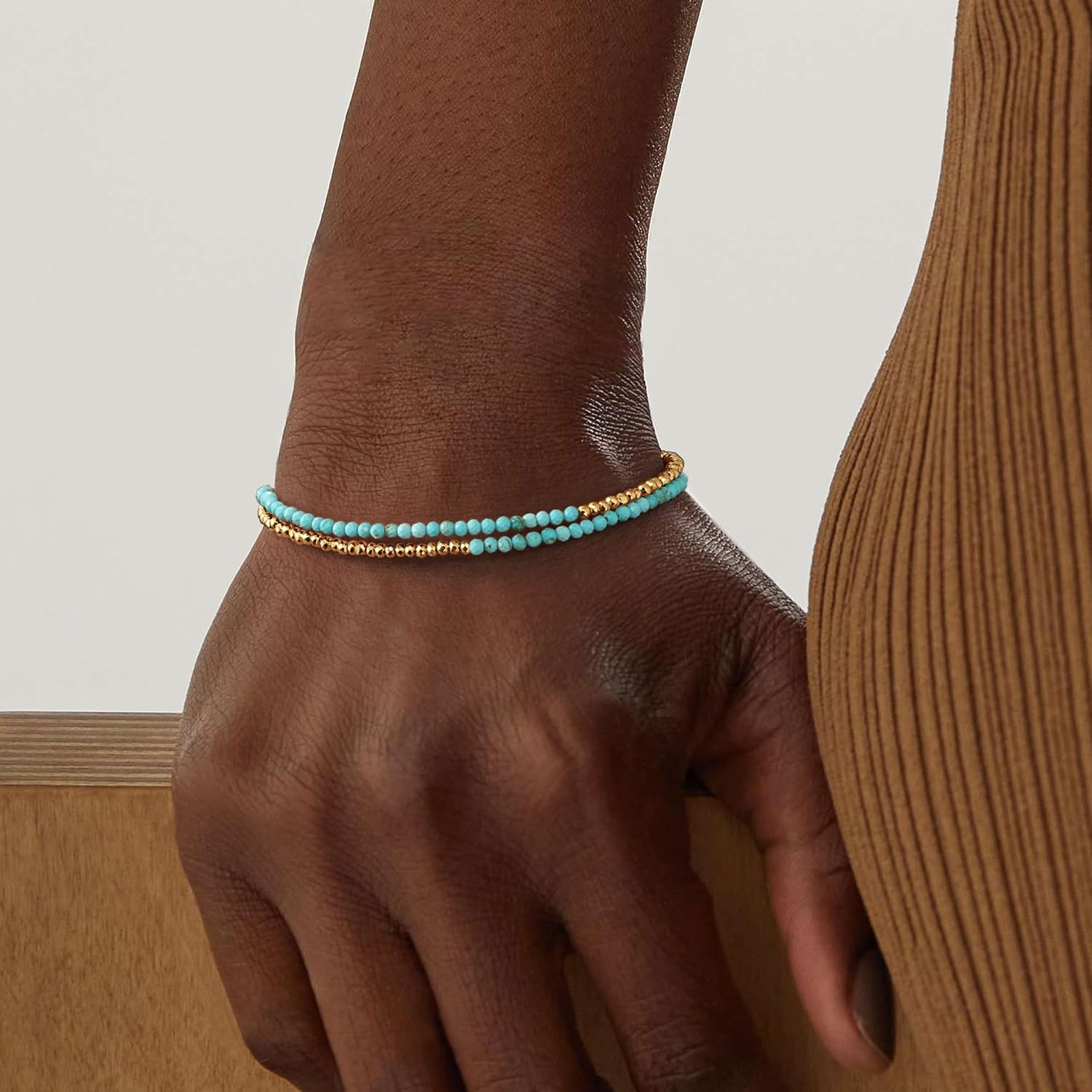 MYEARS Women Beaded Bracelet Gold Double Layer Gemstone 14K Simple Dainty Handmade Chain Everyday Boho Beach Jewelry - Image 2