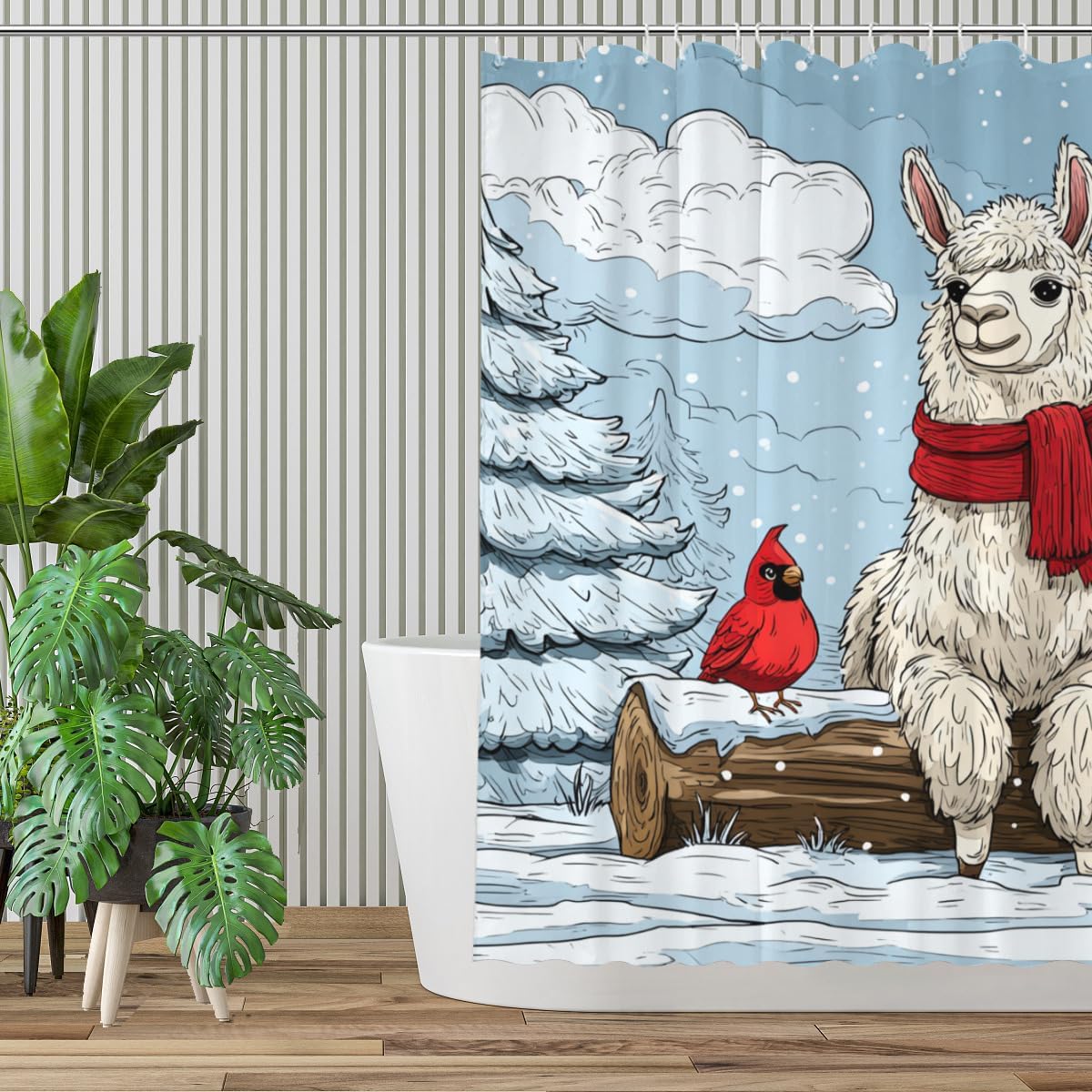 Winter Llamas and Cardinal Shower Curtain Winter Snow Forest Cute Snowflake Nature Scenery 72x72 Inches Bathroom Decor Curtain with 12 Hooks