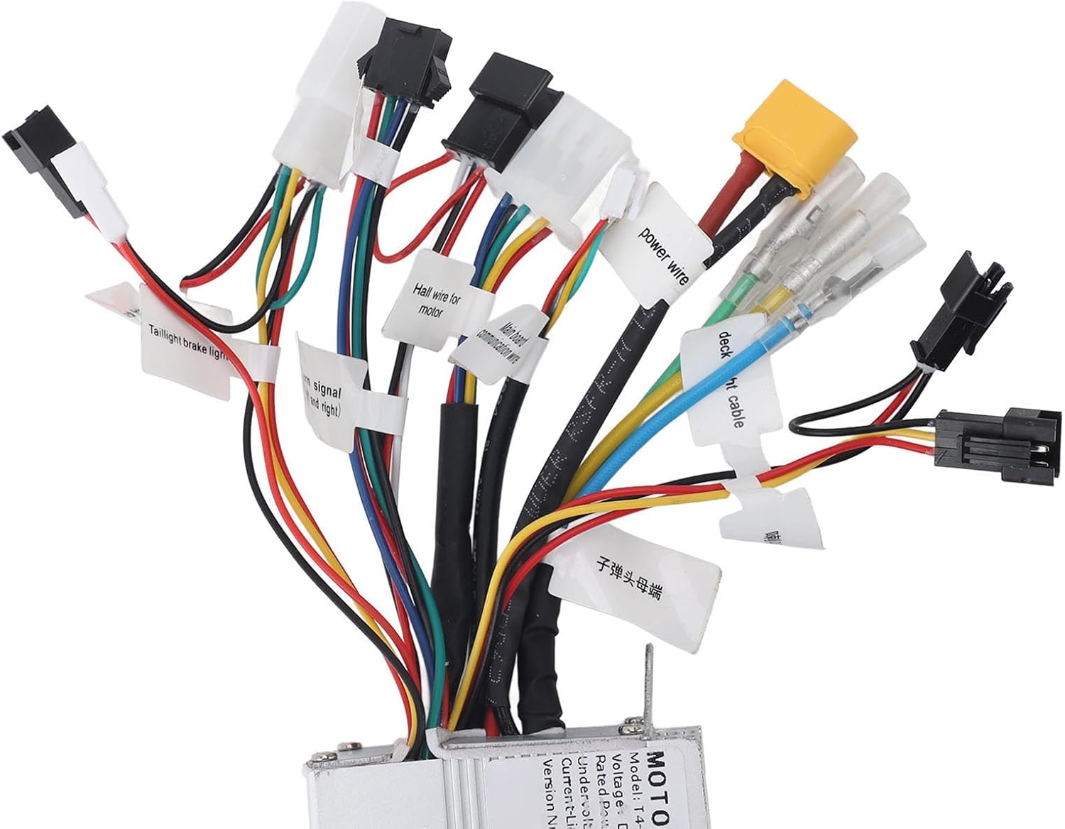 Close-up of the electric scooter controller's labeled wiring harness