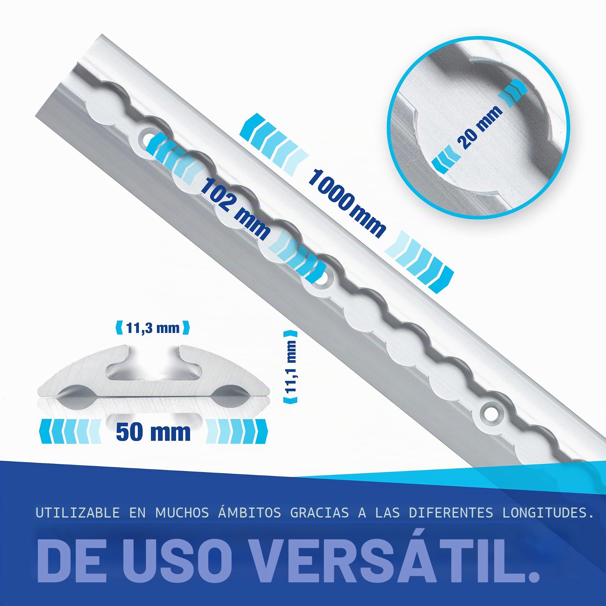 Juego de rieles TÜV certificados, 0,5 - 10 metros, forma semicircular, seguridad de carga para camiones y autocaravanas - Riel de amarre perforado aluminio plateado
