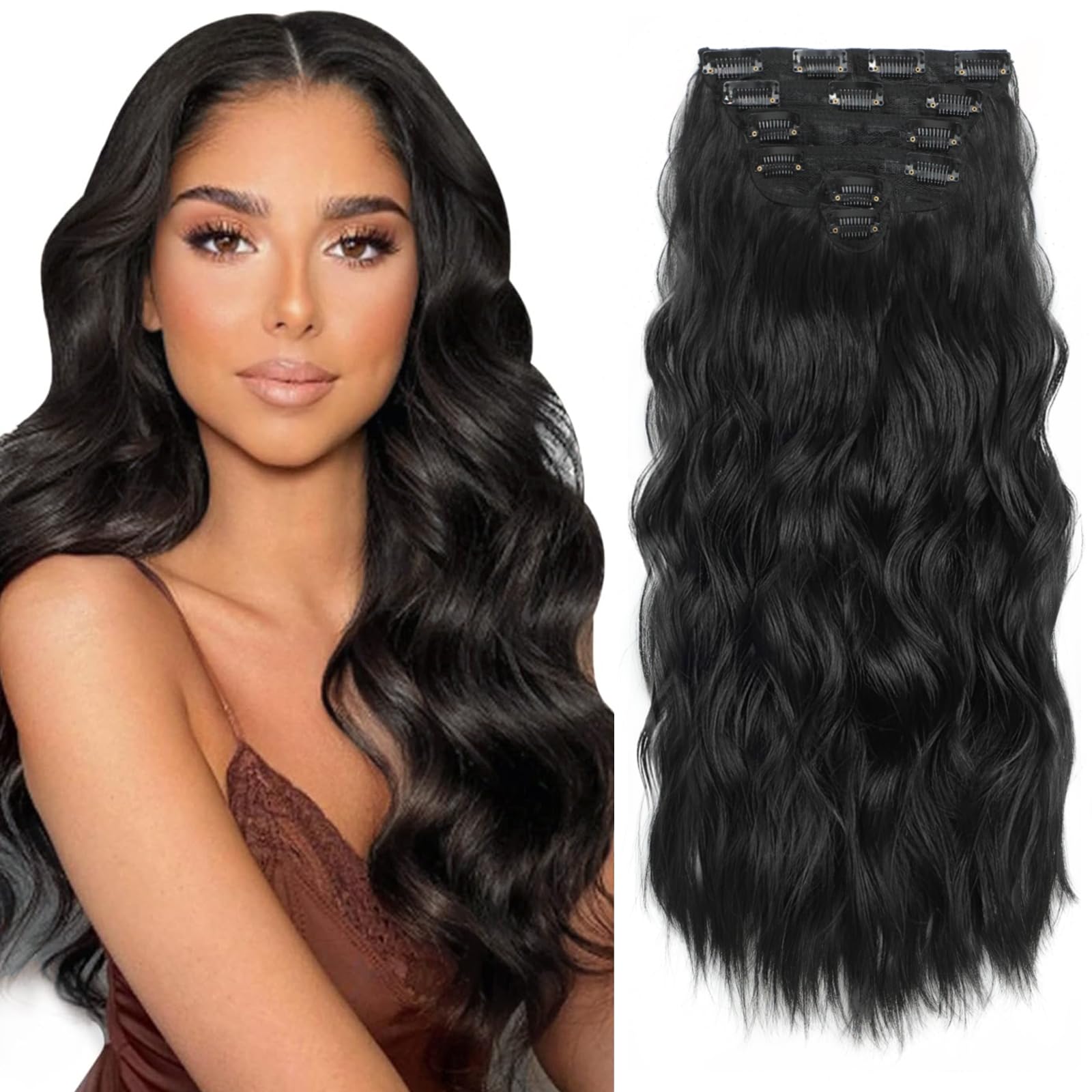 Clip in Hair Extensions, 6 Pcs Long Wavy Curly Clip on Hair Extensions for Women 20 Inch Synthetic Hairpieces for Daily Wear Party Wedding (Black)