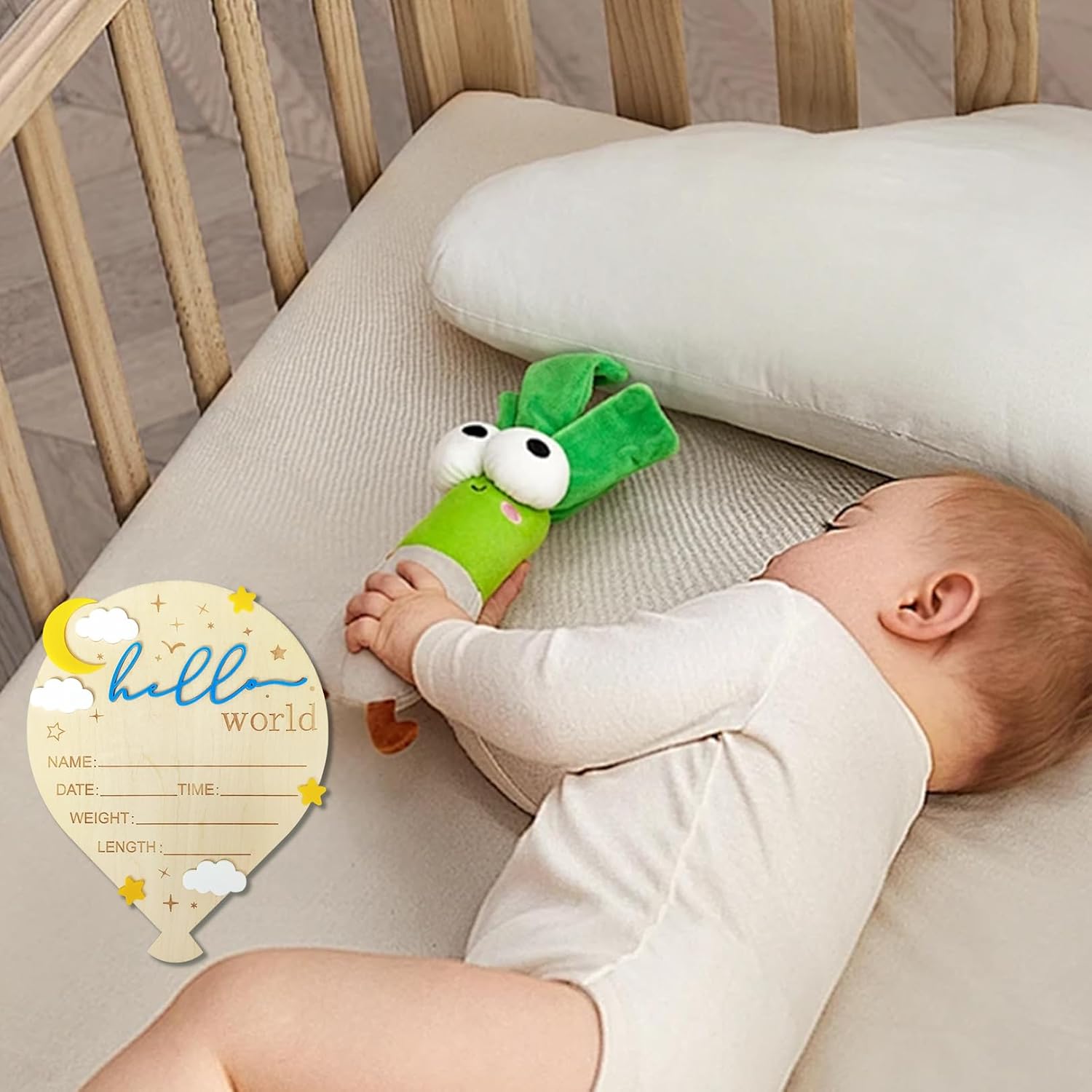 Baby Announcement Sign, ​5.9 Inch Wooden Hello World Newborn Signs, Birth Announcement Sign, Hot Air Balloon and Moon Decoration, Welcome Newborn Arrival to World, Hospital Nursery for Baby (Navy) image 4