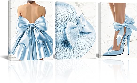 Visual Art Decor Bow Wall Art Bow Painting Picture Girls Bedroom Wall Decor Framed Ready to Hang 12x16inchx3Pieces Blue