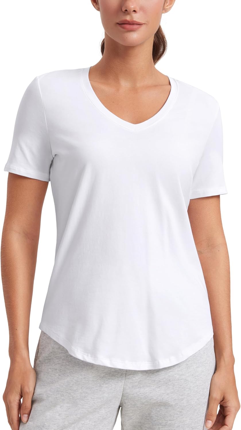 CRZ YOGA Womens Pima Cotton V Neck T-Shirt Short Sleeve Casual Workout Shirts Soft Summer Basic Tee Tops