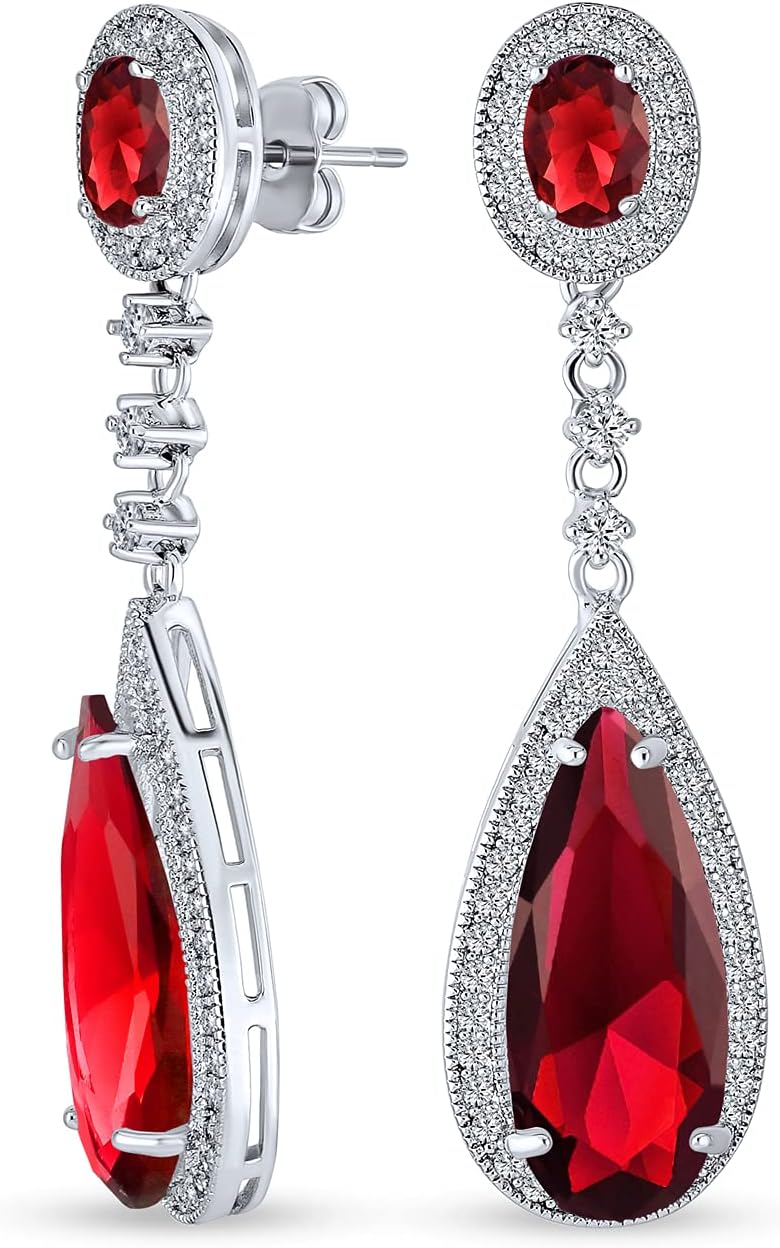 Classic Estate Jewelry Bridal Art Deco Style Halo Linear Long CZ Statement Dangle Teardrop Chandelier Earrings For Women Prom Bridal Party Jewel Colors AAA Cubic Zirconia Silver Plated