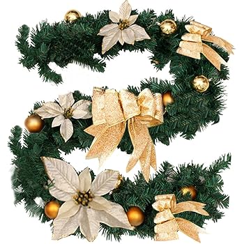 Decorazioni Natalizie Ghirlande.Ghirlanda Di Natale Artificiale Con Knot Giallo E Fiore Ghirlanda Di Natale Ideale Come Decorazione Per Scale E Caminetti Gold Amazon It Casa E Cucina