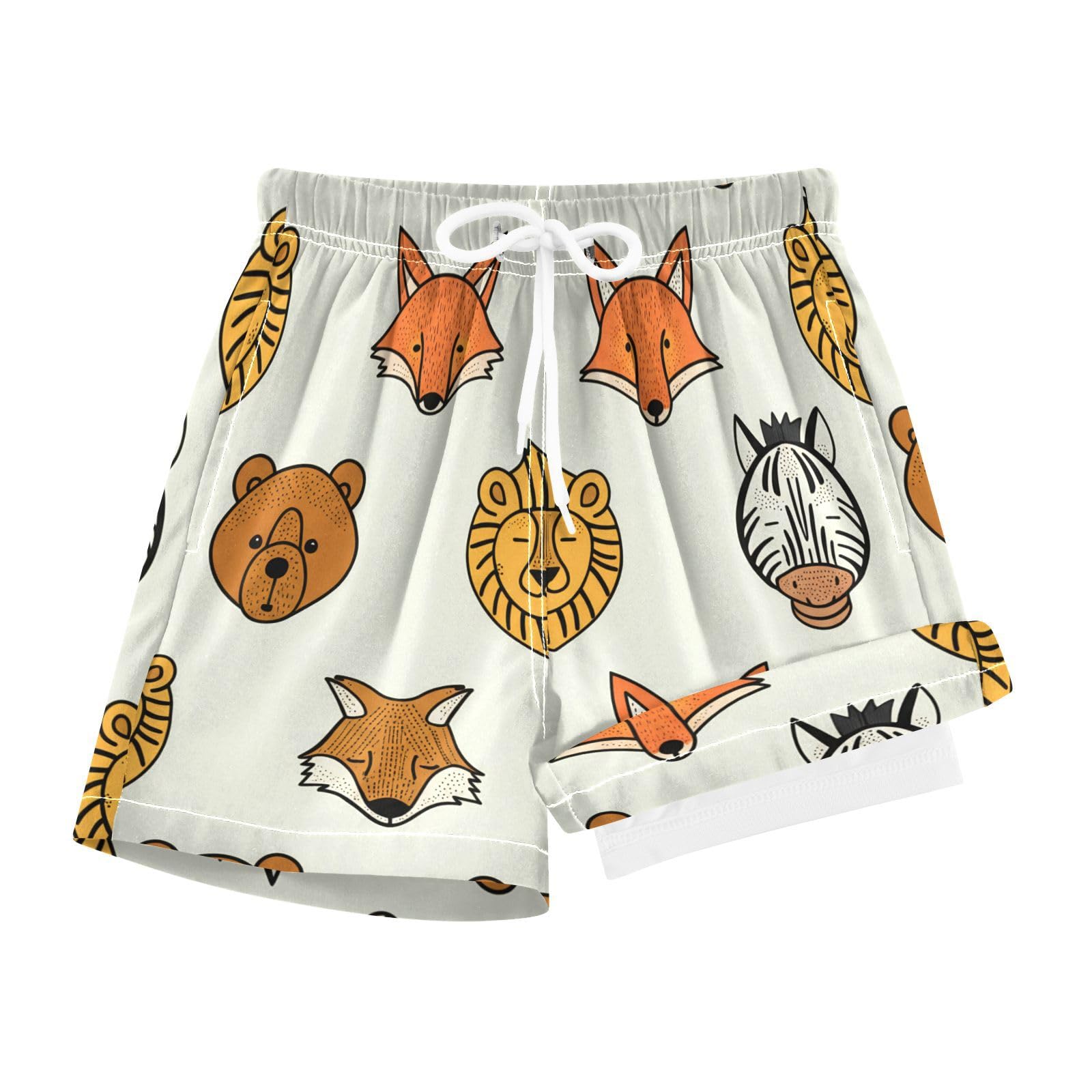 YANENDIE Boy Swim Trunks with Compression Liner Animal Faces Boys Swim Shorts Quick Dry Beach Shorts