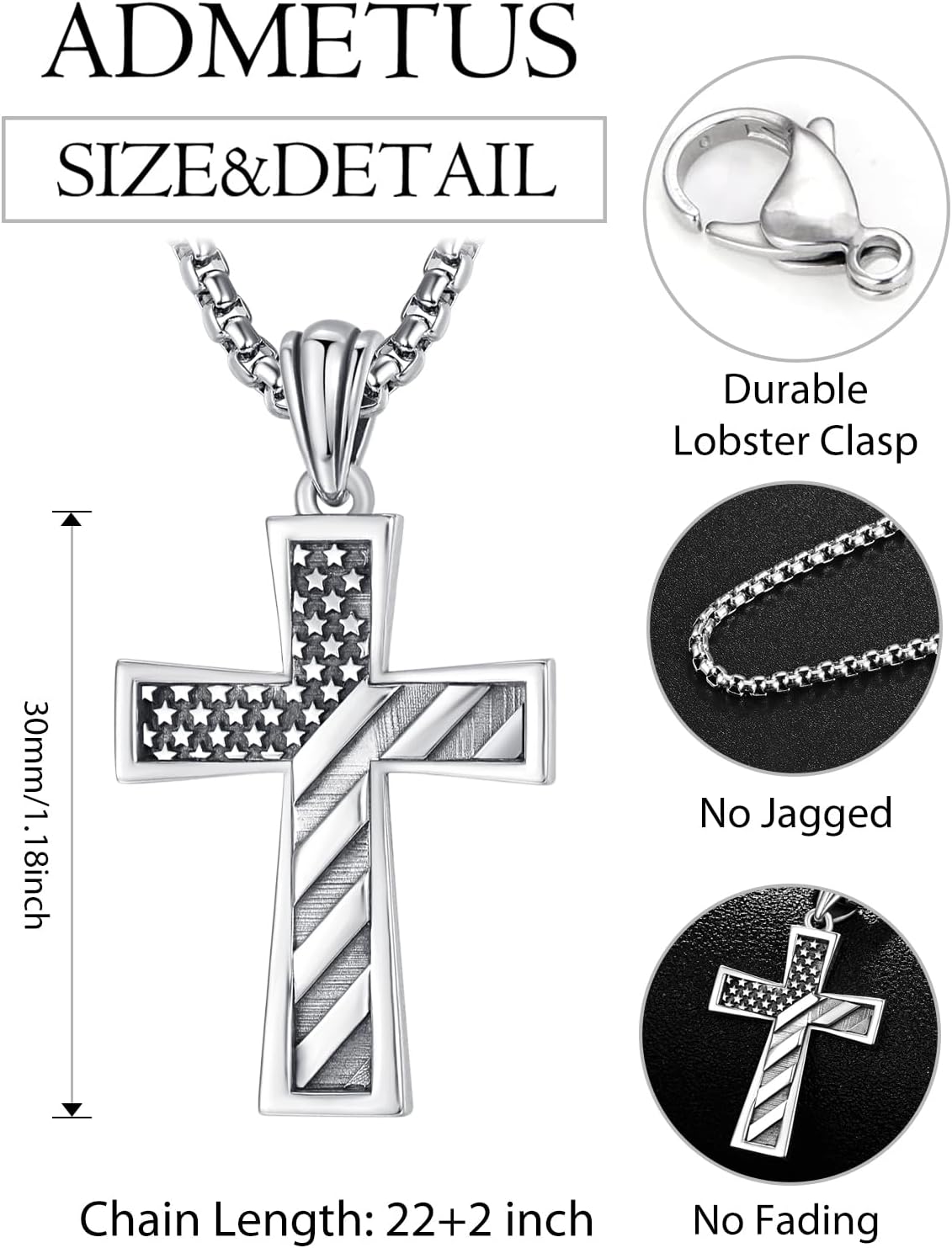 ADMETUS Cross Pendant Necklace, Protection Jewelry Religious Gifts for Men with 2.5mm 22"+2" Rolo Chain - Image 2