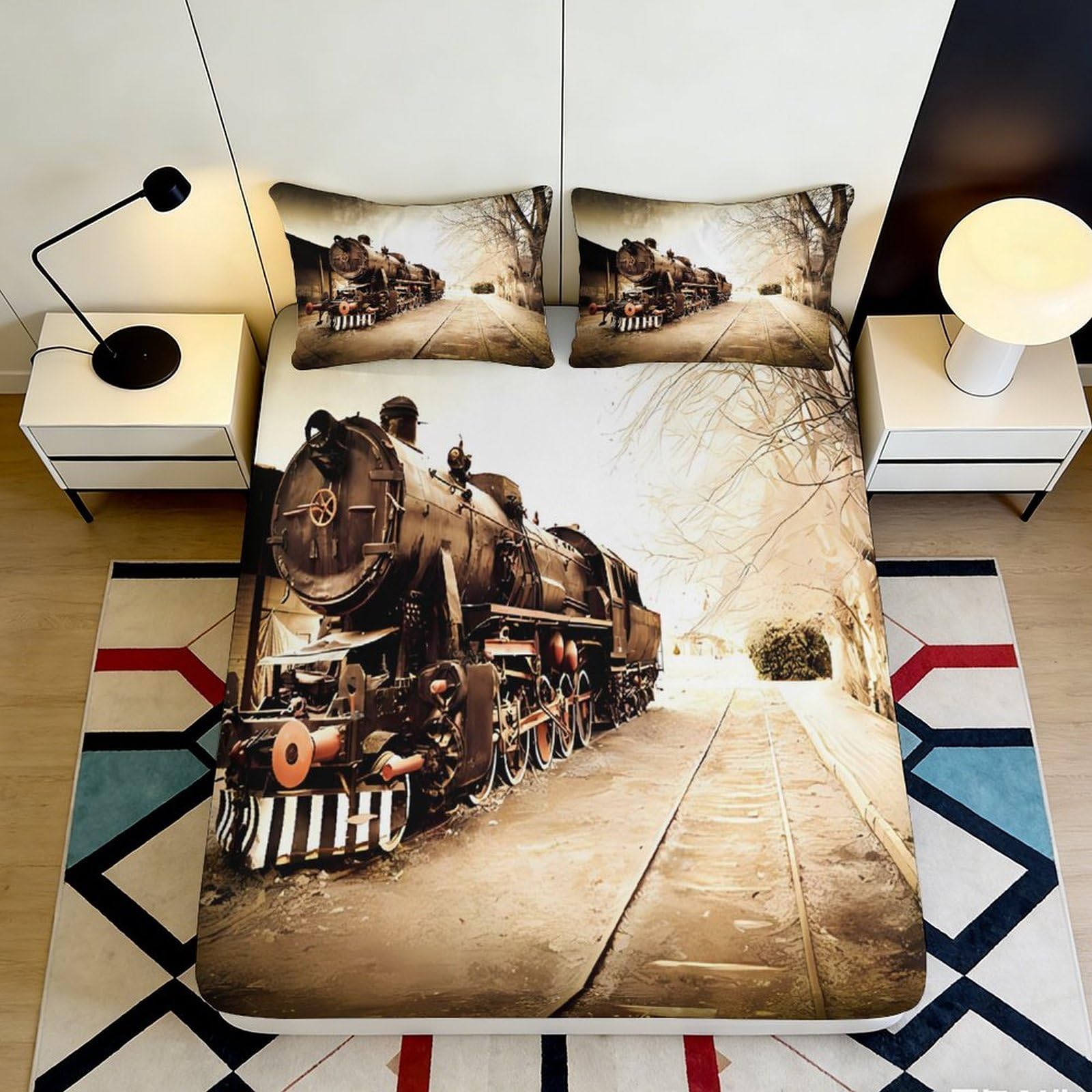 3D Printed Vintage Steam Train Fitted Sheet Microfiber Railway Track Bed Cover Non-slip Machine Washable for Bedroom 90x200x25cm