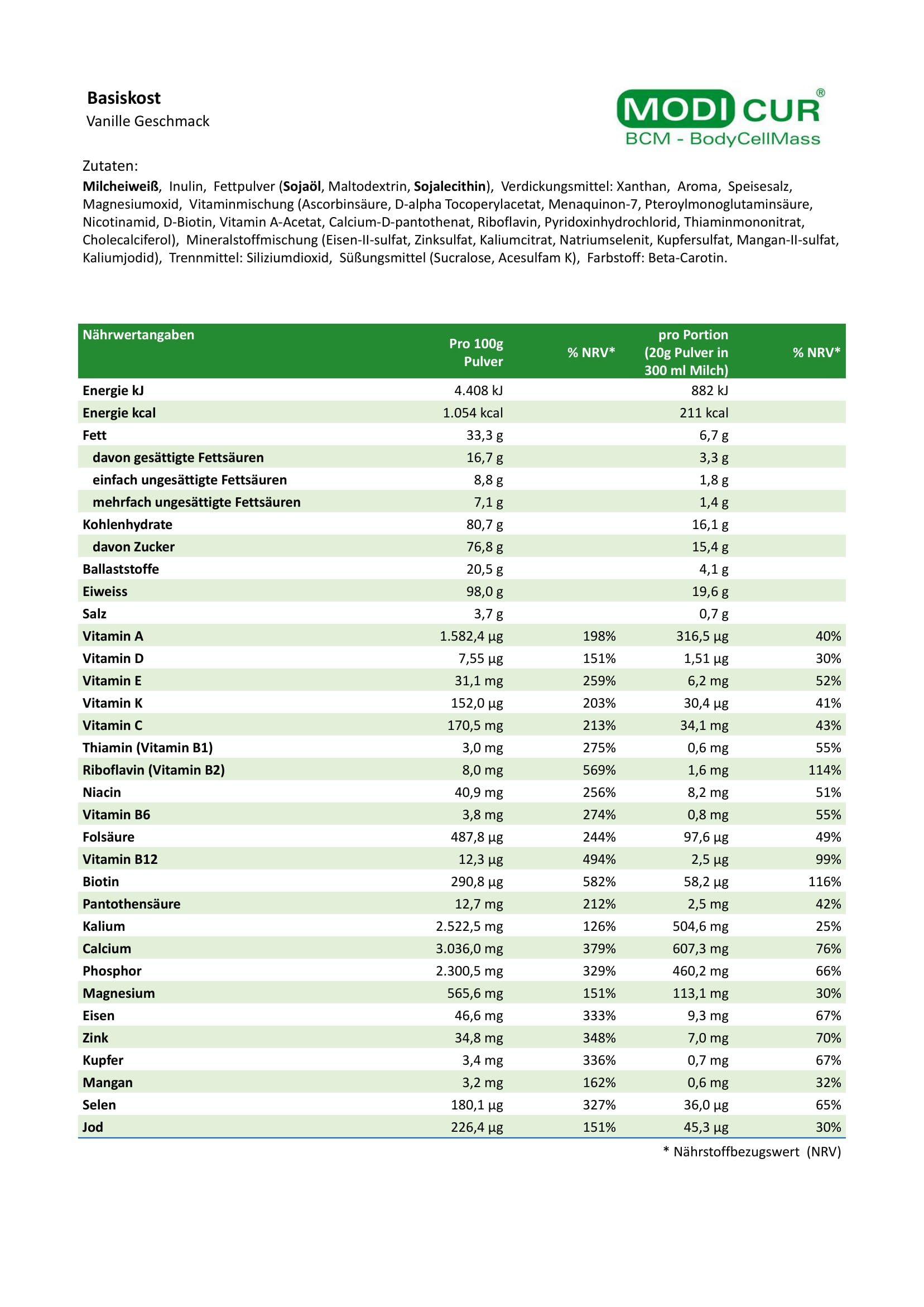 BCM Modicur Basis Vanille 1 Dose à 480g (24 Portionen/BCM Diät/Eiweißshake/BCM BodyCellMass)