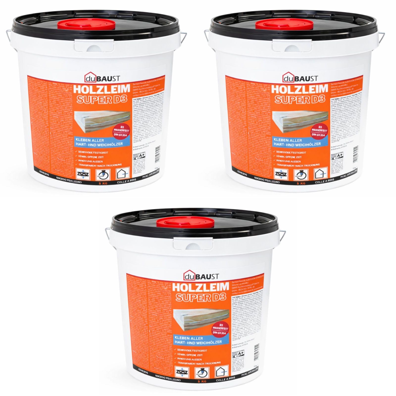 3x dubaust WOD24 Schnelltrocknender D3 Holzleim, wasserfest, für Hartholz und Weichholz, weiss - nach dem Aushärten transparent (5Kg Eimer)