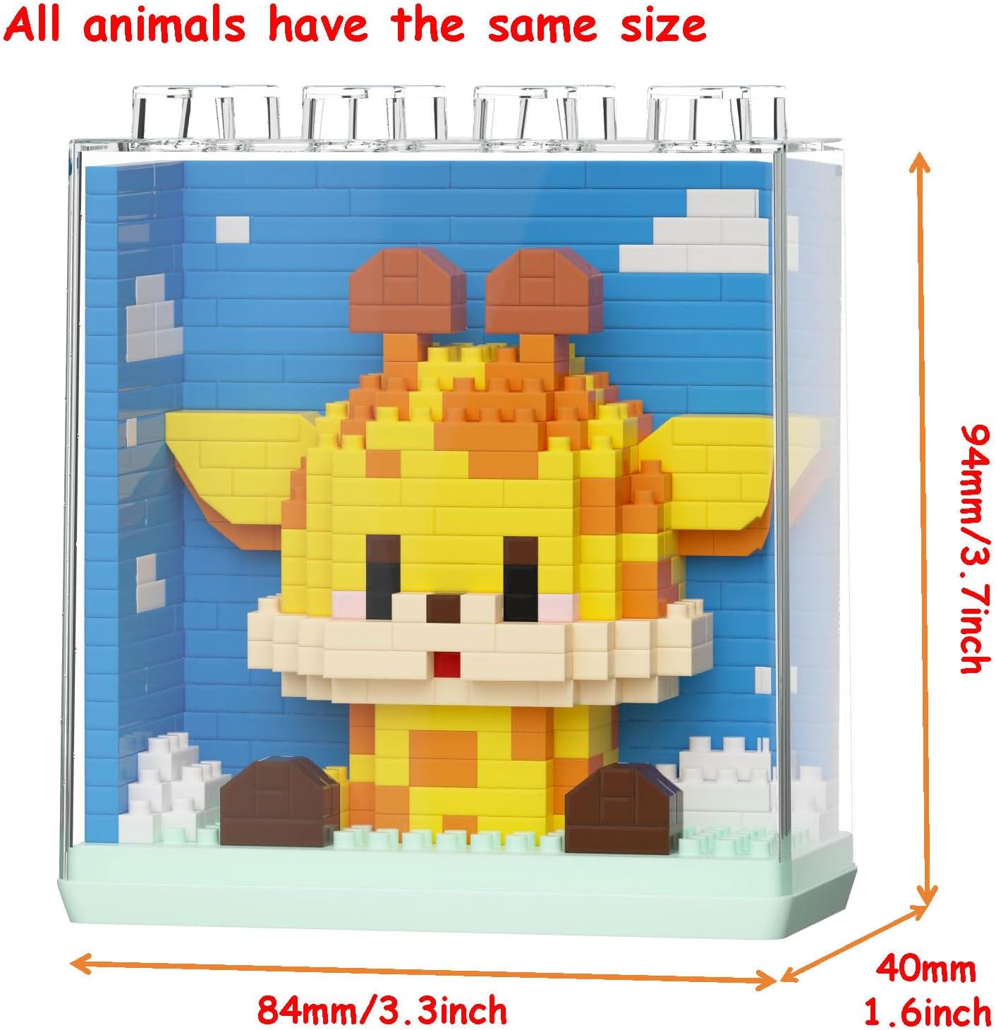 An assembled Giraffe figure in its transparent case, with dimensions labeled: 94mm/3.7inch height, 84mm/3.3inch length, and 40mm/1.6inch width.