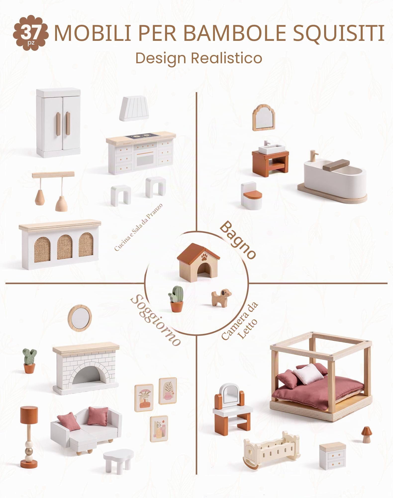 ROBOTIME Casa delle bambole in legno, bohémien con mobili e accessori, giochi a 3 livelli con tenda regolabile ed elementi in rattan, stile marrone kaki, regalo fantasioso