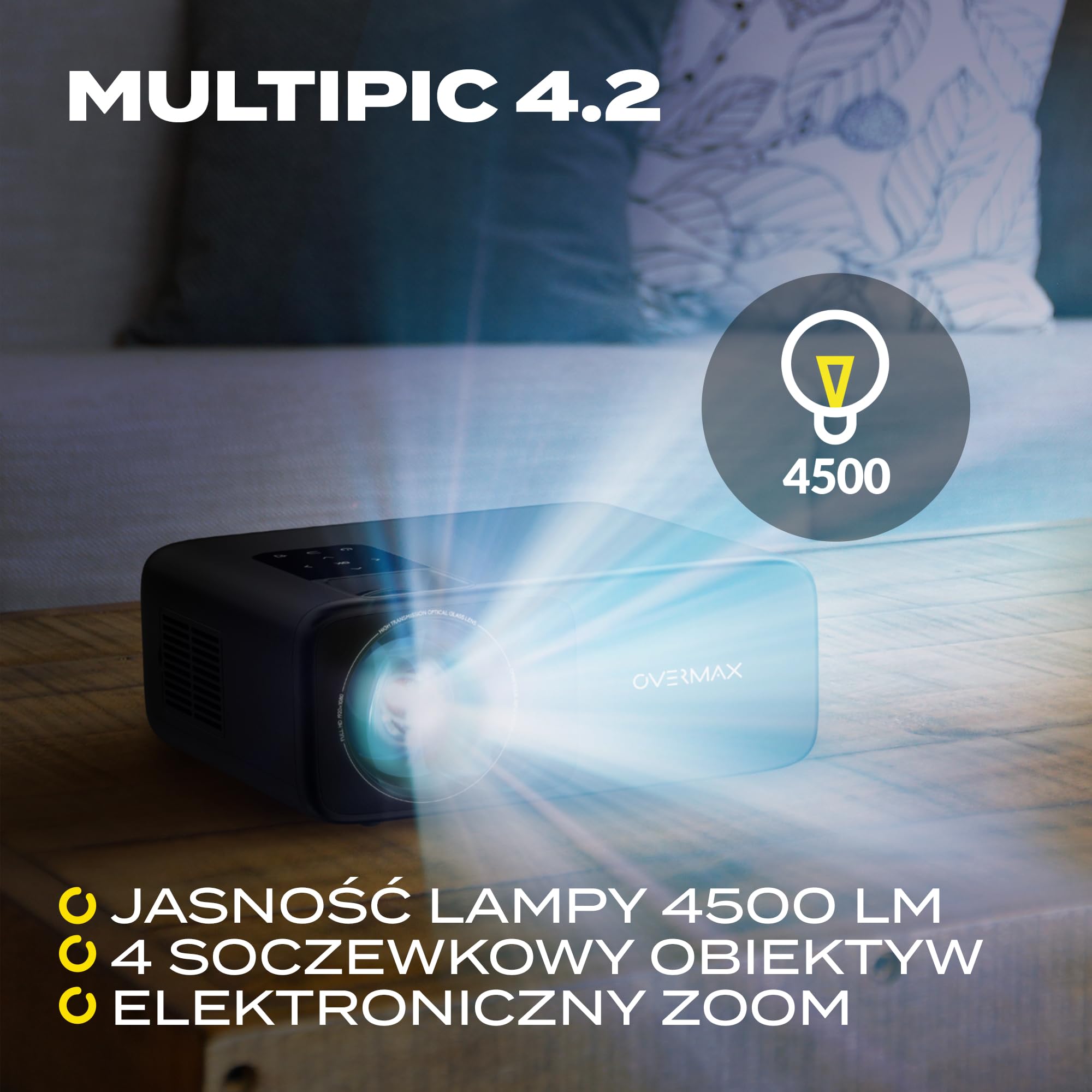 Overmax Multipic 4.2 Full HD 1080p projektor LED 200", 4500 lumenów, system 4-soczewkowy, WiFi 2.4 5G BT HDMI, USB głośnik 360°, rotacja obrazu, przeżyj EURO 2024 i wieczory kina domowego w