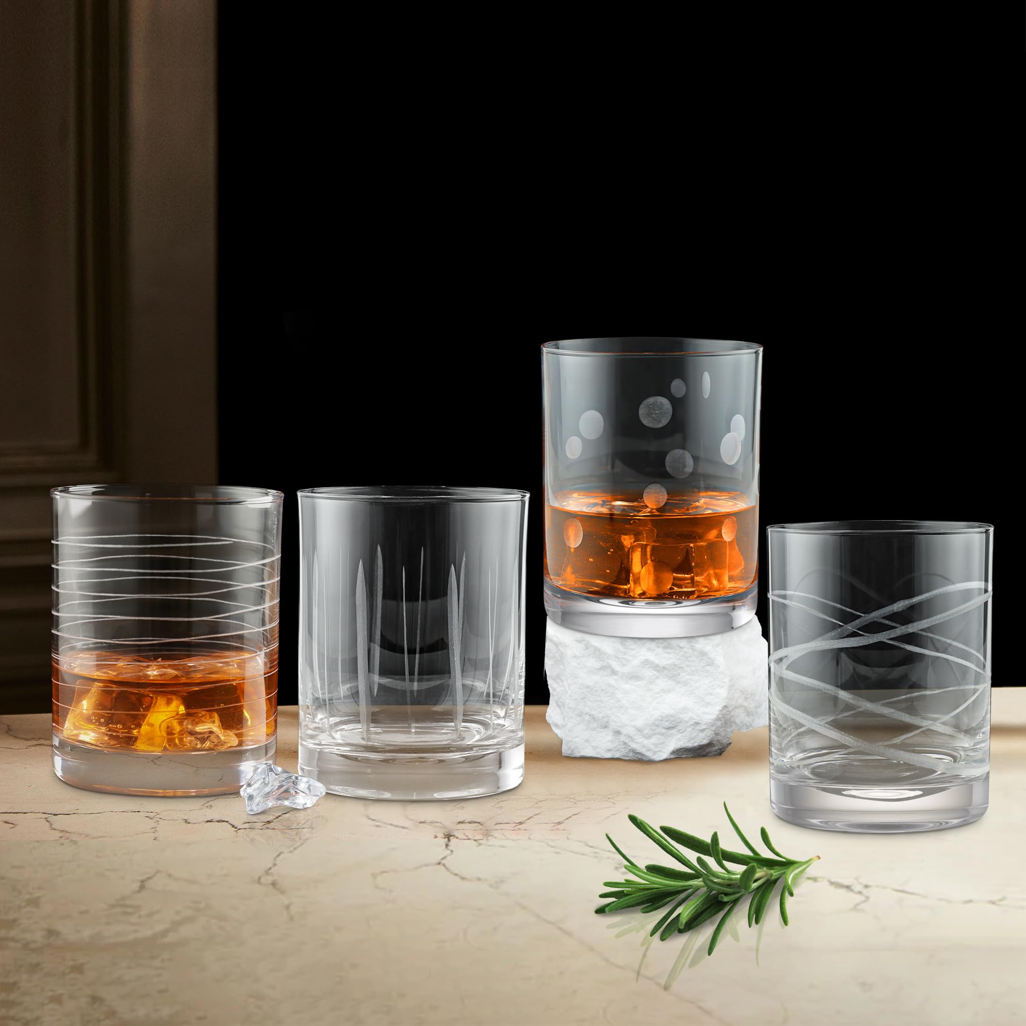 Joeyan Soufflé à la Main Verre à Whisky avec Gravure,Verres à Rhum de Dégustation avec des Motif Ligne Pois,Verres à Eau Tumbler Pour Bourbon Cocktails Cognac,400 ml,Lot de 4,Lavable au lave-Vaisselle