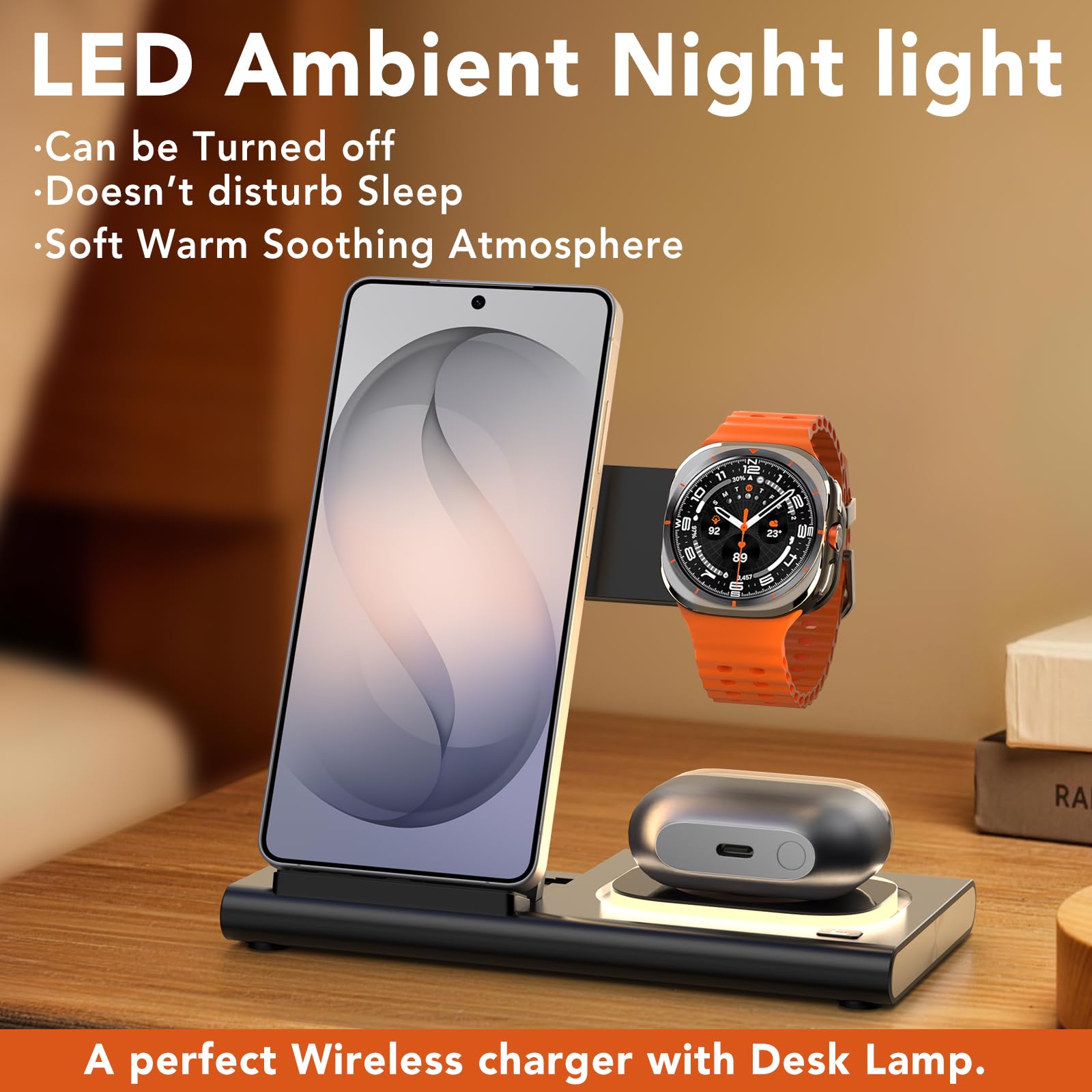 3 in 1 Ladestation für Samsung[Faltbar & Nachtlicht], Induktive Ladestation für Samsung S26/S25/S24/S23/ZFlip/Fold, Wireless Charger für Samsung Galaxy Watch Ultra/8/7/6/5/4/Galaxy Buds